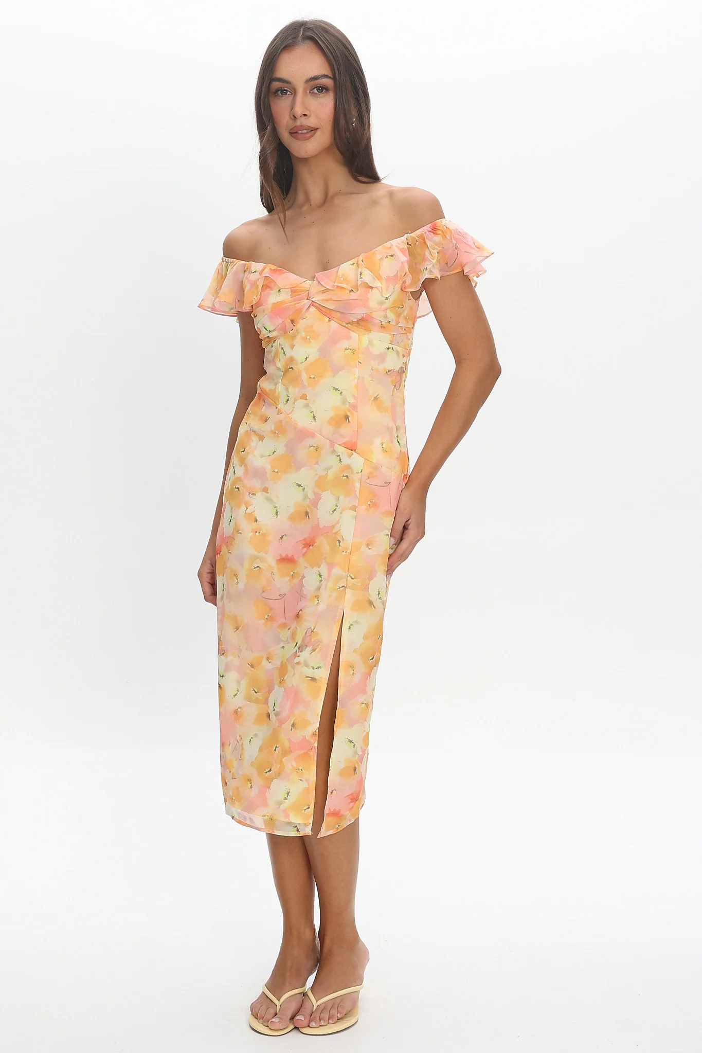 Rozita Off-Shoulder Ruffle Trim Midi Dress Floral Yellow
