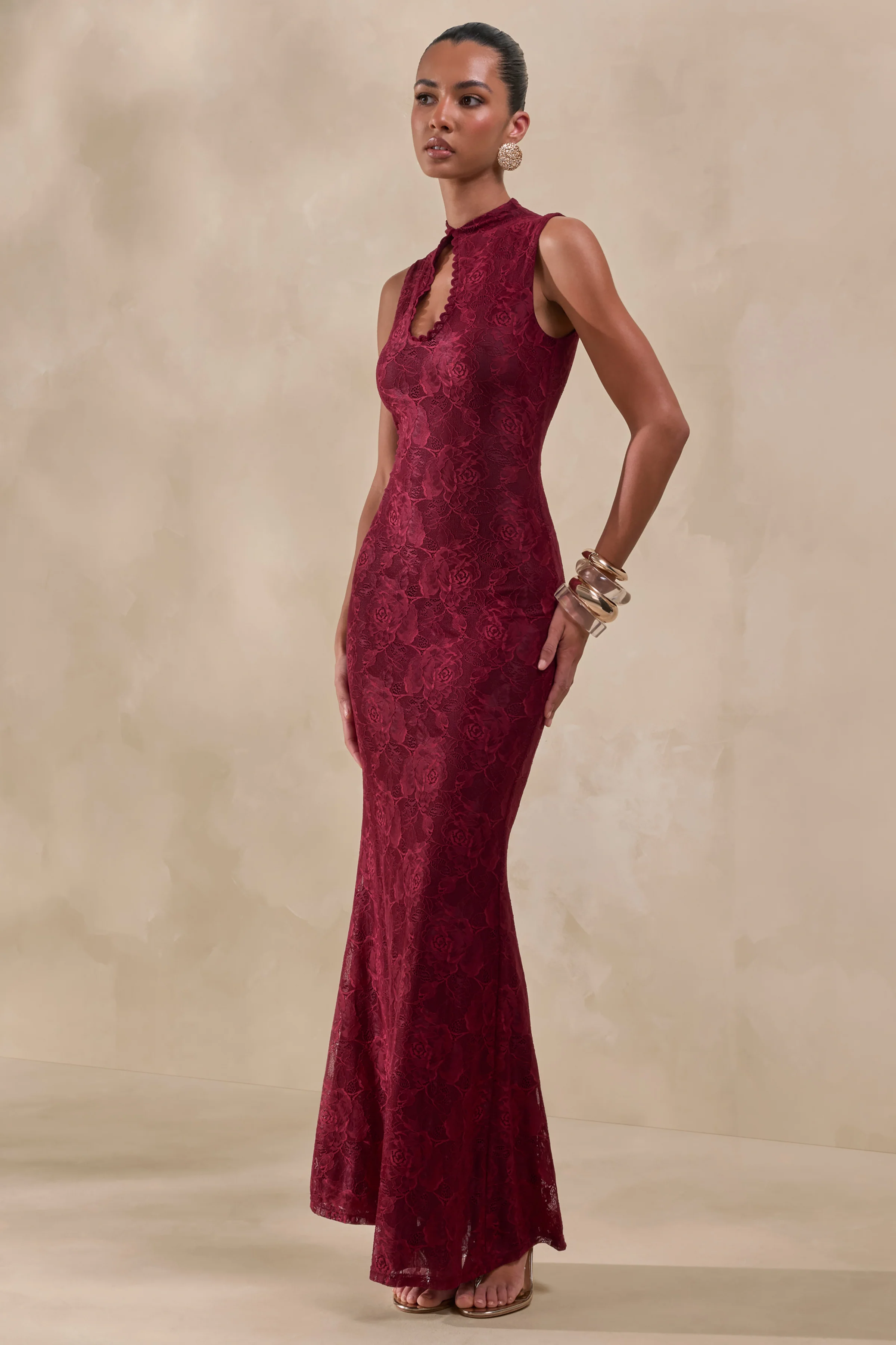 Ravissa | Burgundy Sheer Lace High-Neck Maxi Dress
