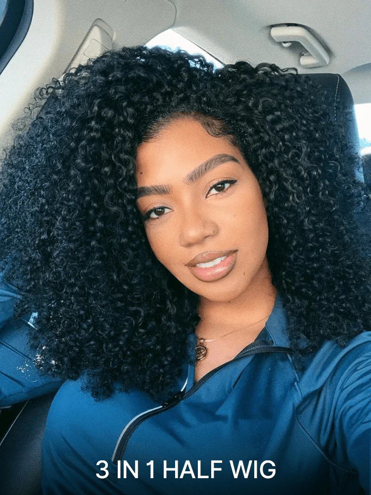 3-in-1 High-Density Kinky Curl Half Wig 100% Human Hair Flexi-Fit Drawstring Wig Easy to Wear