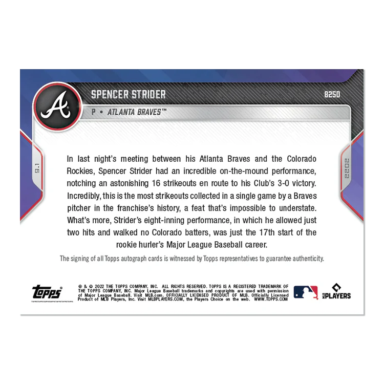 On-Card Auto # to 10 - Spencer Strider - 2022 MLB TOPPS NOW® Card 825D