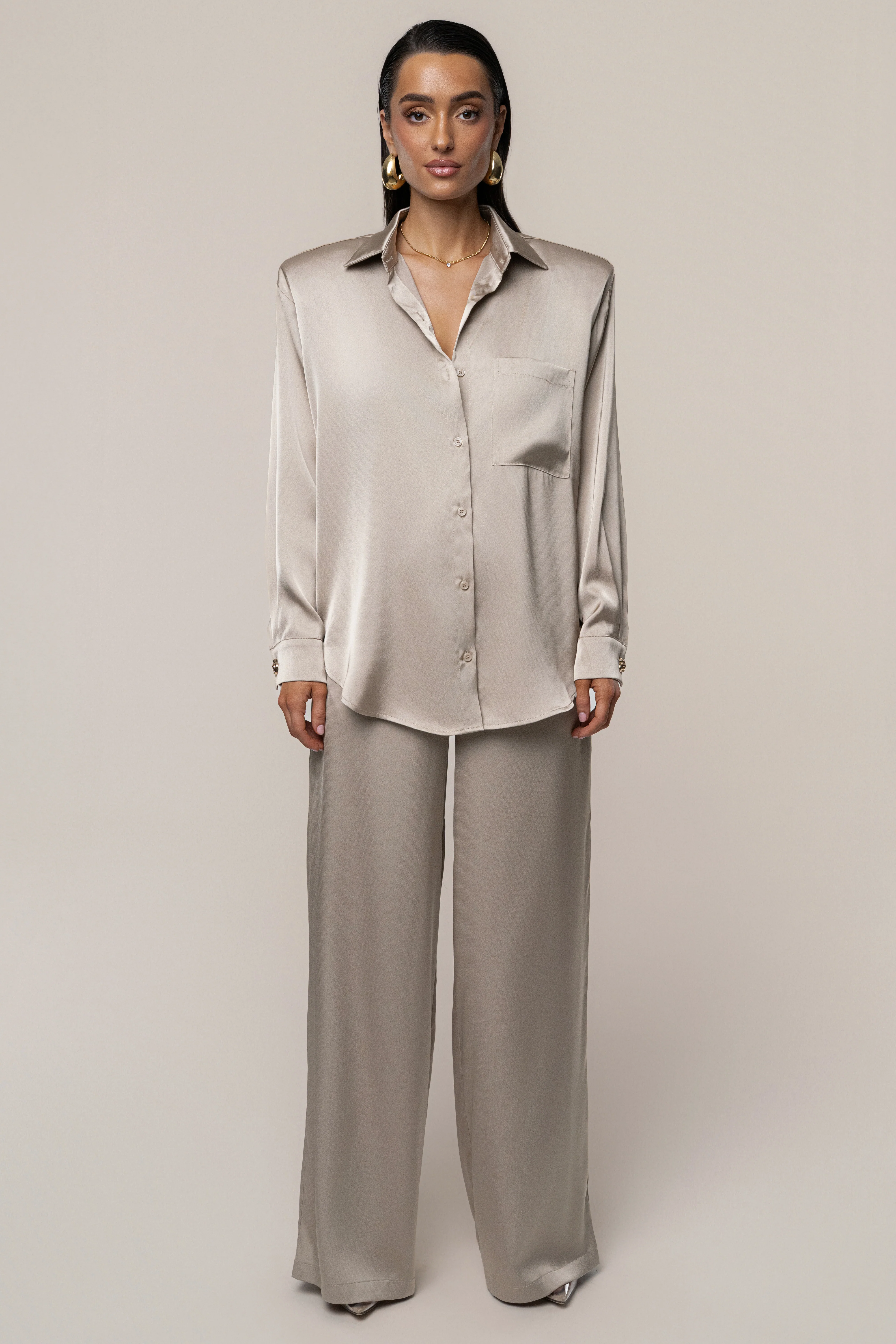 Beige Island Ease Collared Satin Top