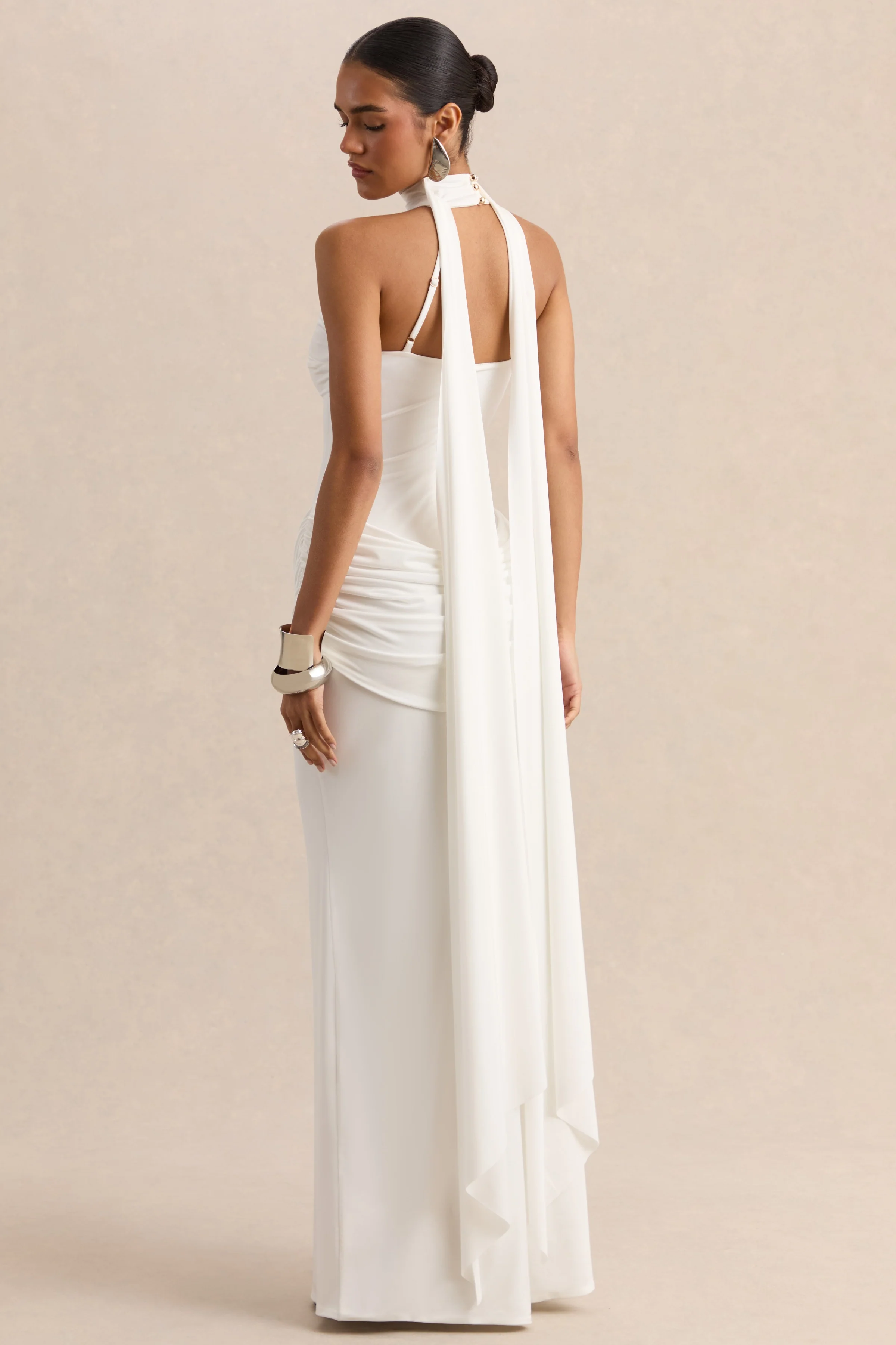 Lorintha | White High-Neck Maxi Dress With Draped-Detailing