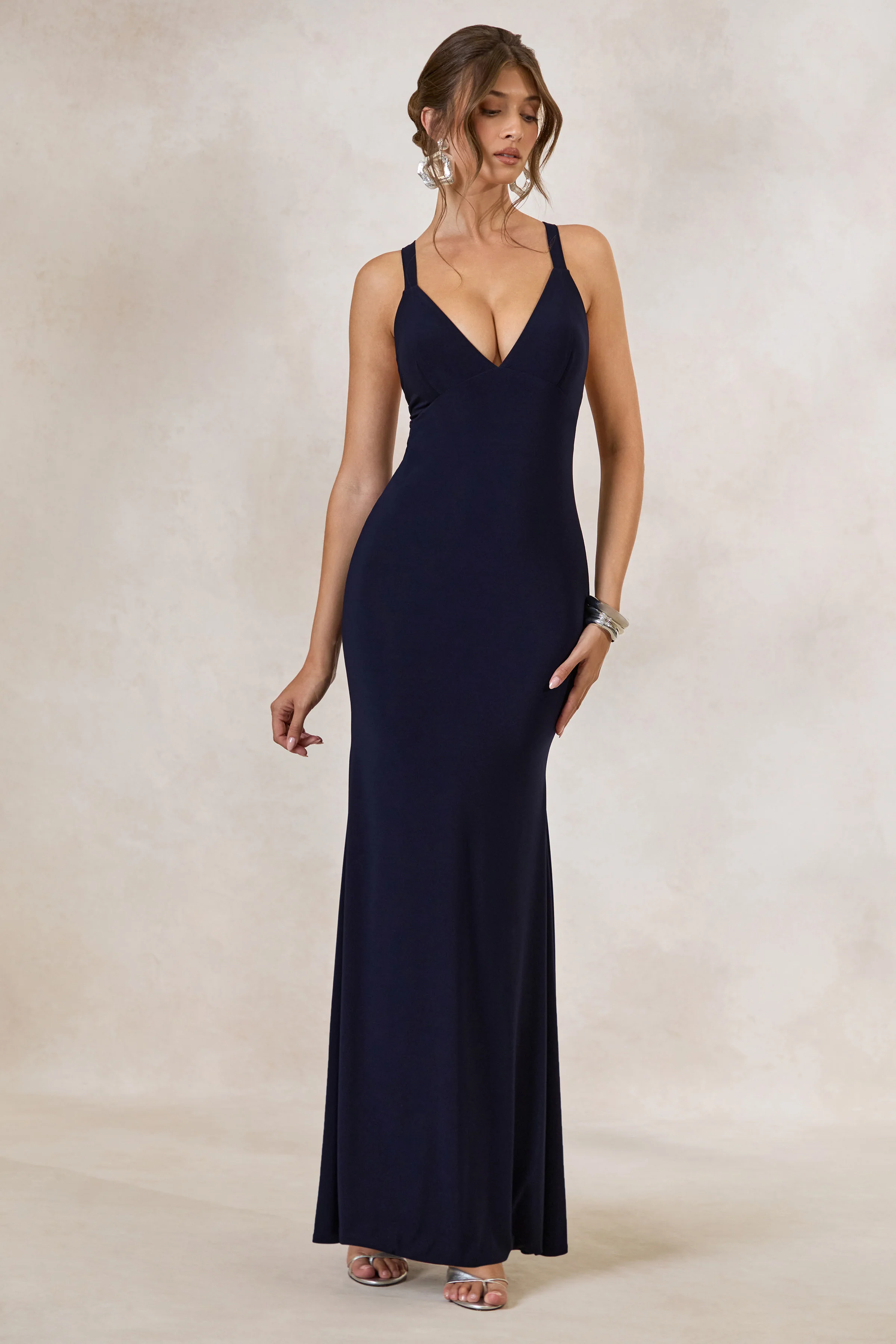 Goldiea | Navy Halter-Neck Fishtail Maxi Dress