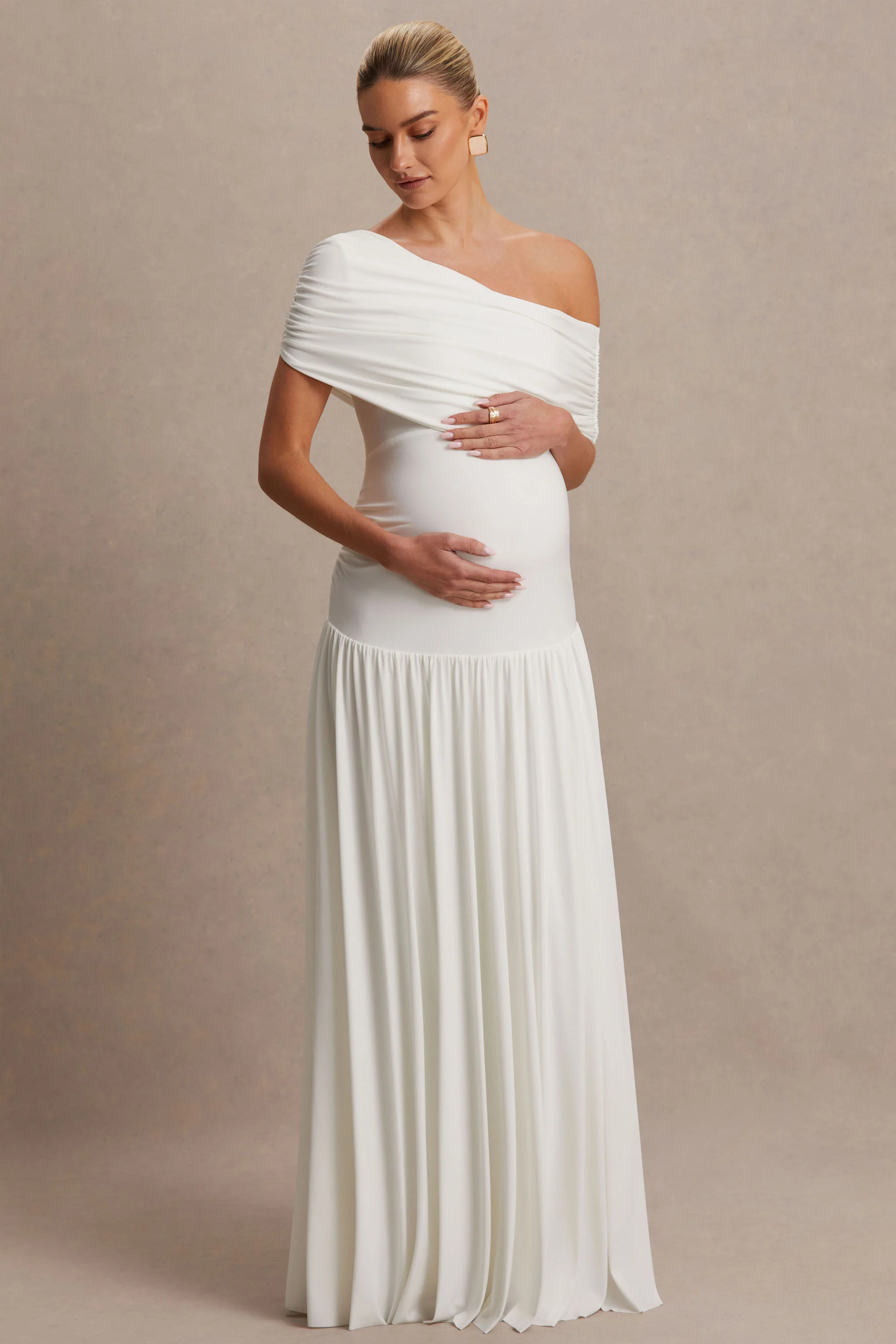 Noah | White Asymmetric-Neck Maternity Maxi Dress With Drop-Waist