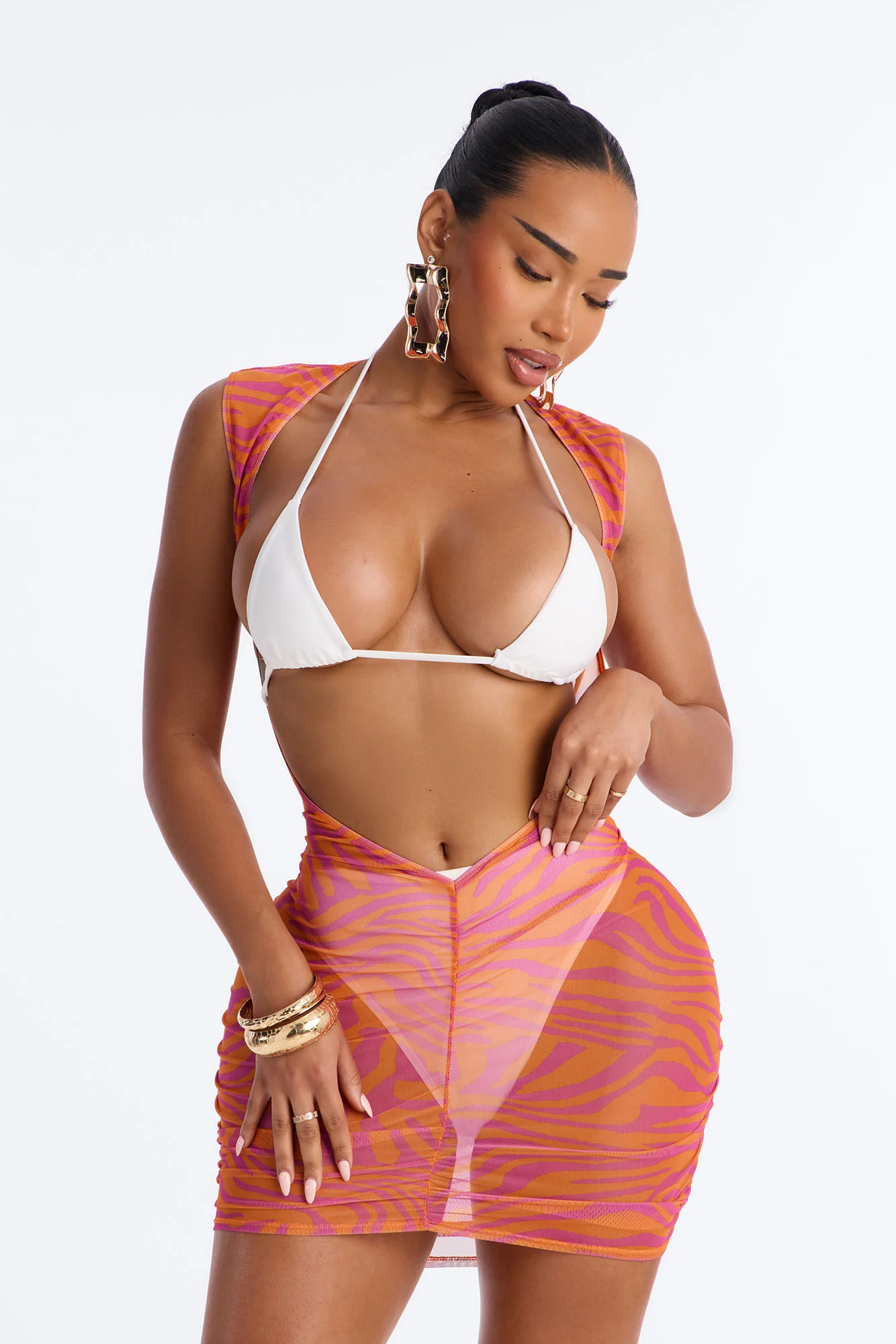 Wild Stripe Deep V-Neck Swim Cover Up Mini Dress - Pink/combo