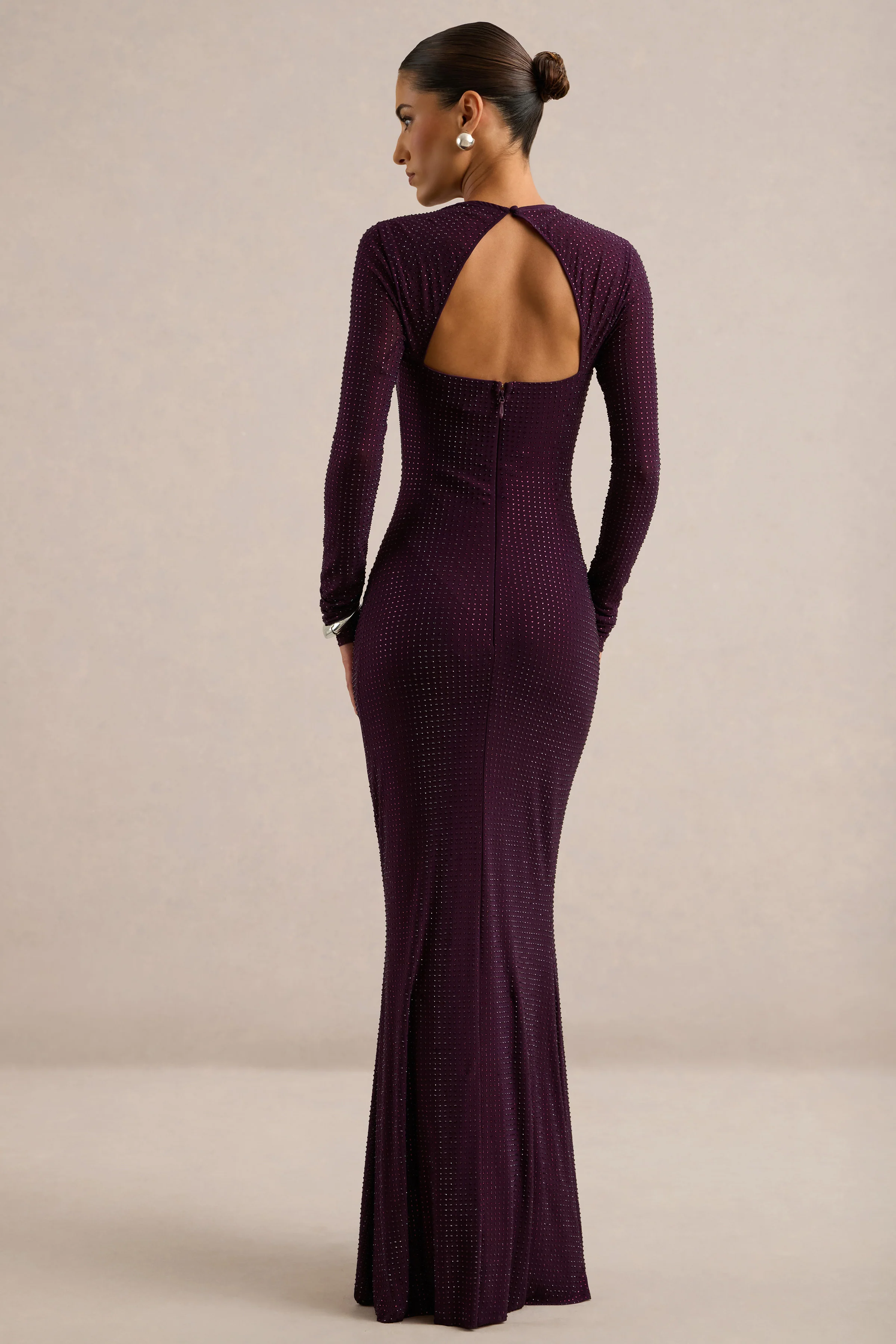 Alvena | Purple Embellished Jersey High Neck Long Sleeve Maxi Dress With Draped Detailing