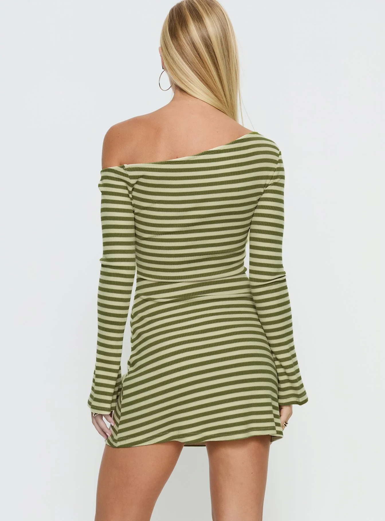 Adrietta Long Sleeve Off Shoulder Mini Dress Cream / Matcha Stripe