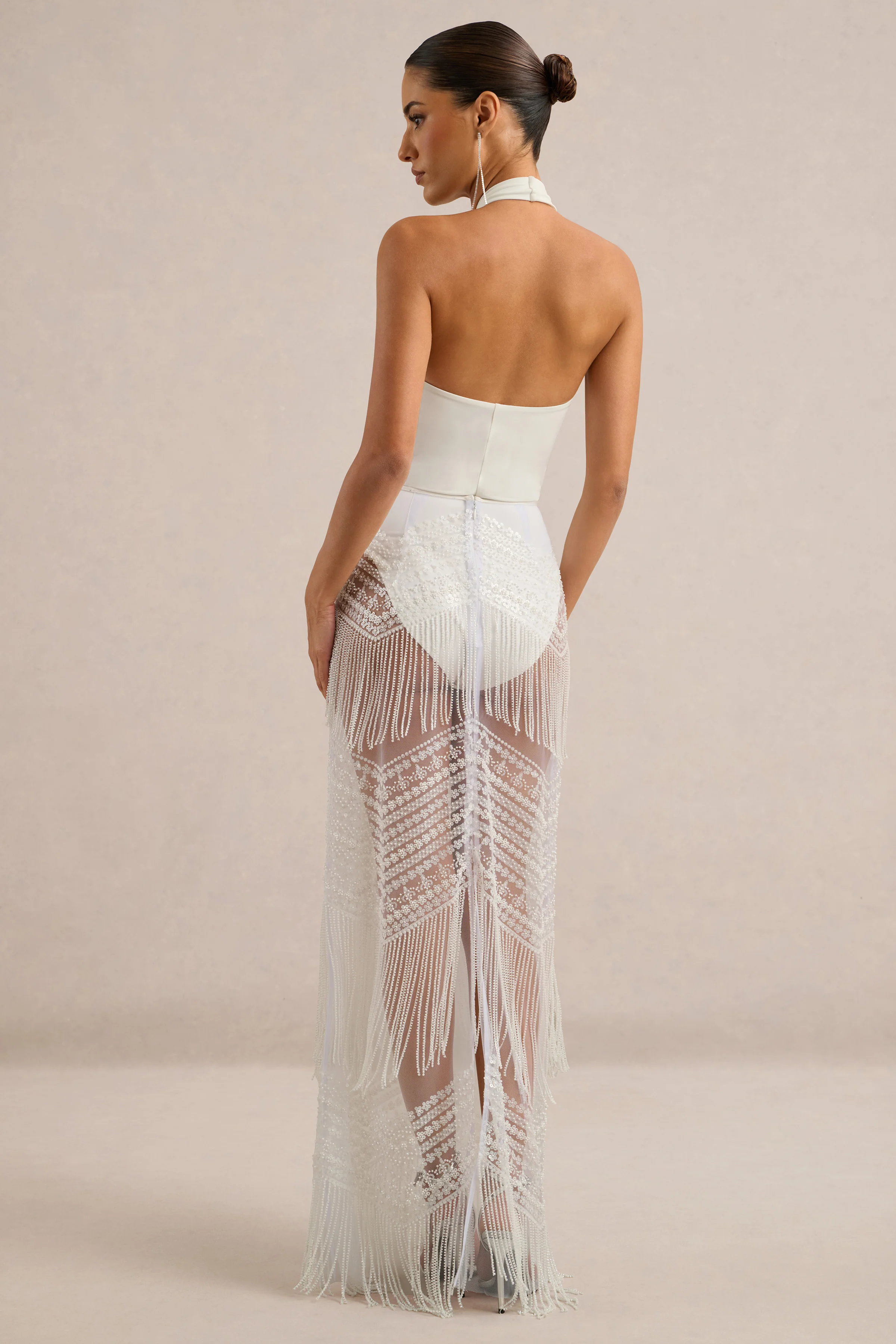 Senna | White Embellished Sheer High Waist Maxi Skirt With Fringe Detailing