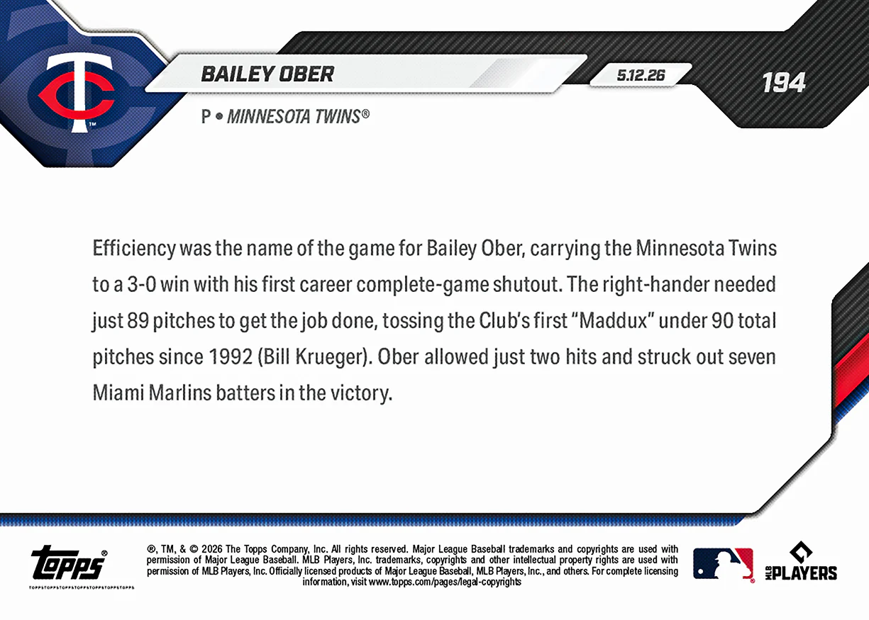 Bailey Ober - 2026 MLB Topps NOW® - Card 194 - PR: 737