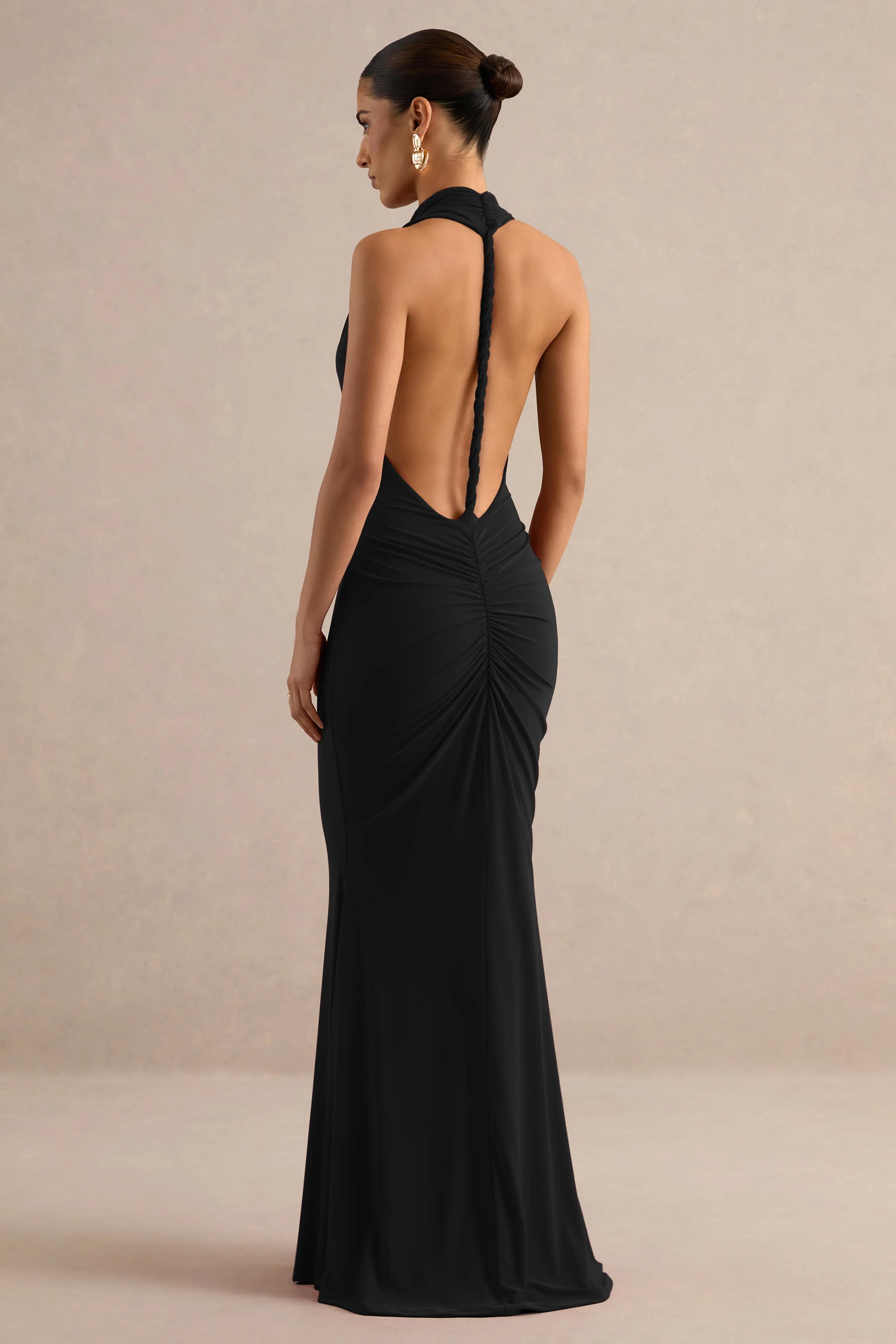 Lyrielle | Black Jersey High Neck Maxi Dress With Ruching And Twist Back Detail