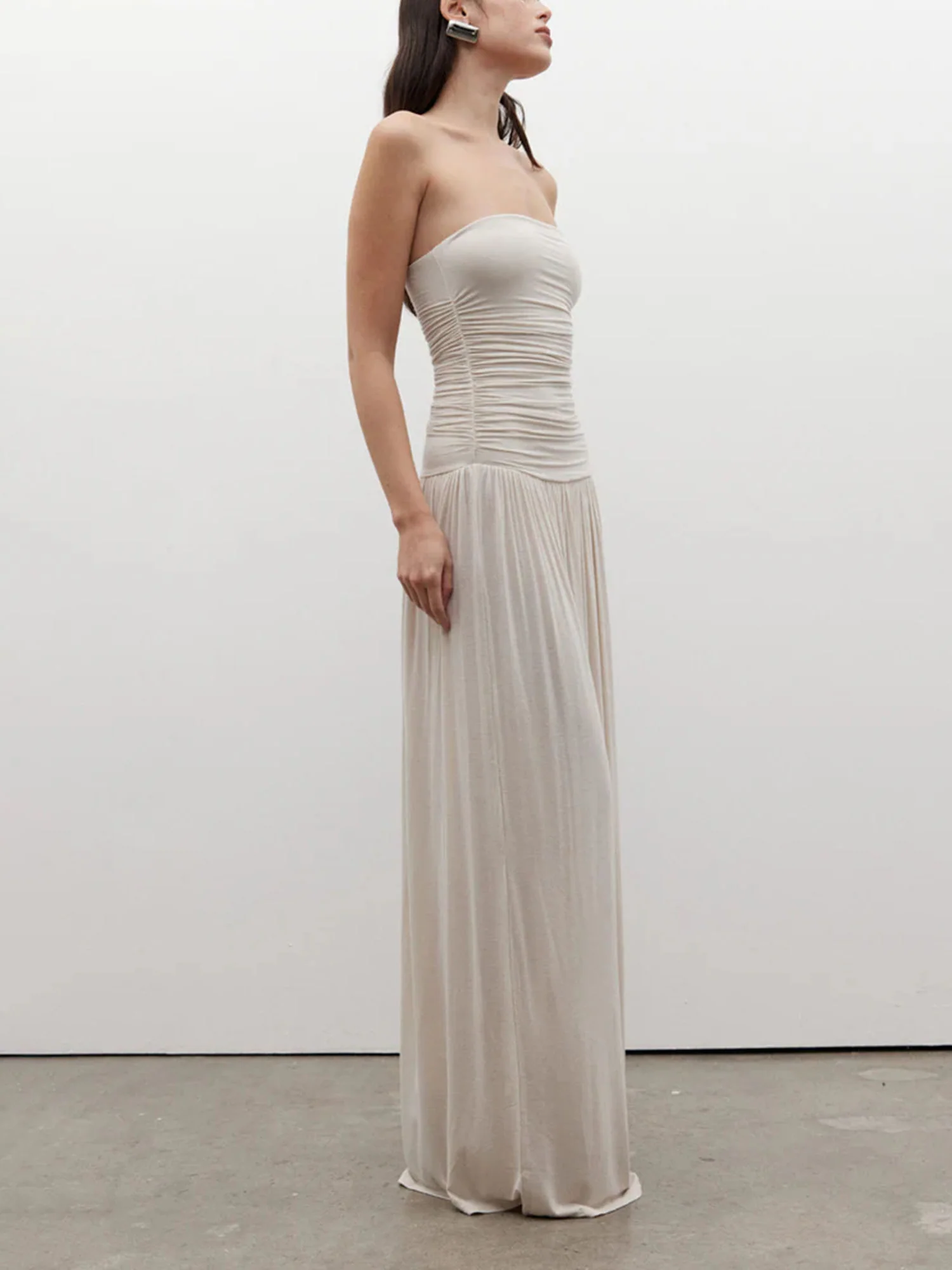 White Strapless Ruched Maxi Dress