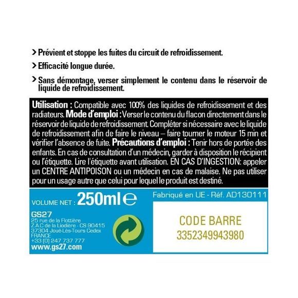 Stop fuite GS27 Radiateur - Préventif & Curatif UniverselRef : GS0063 / AD130111