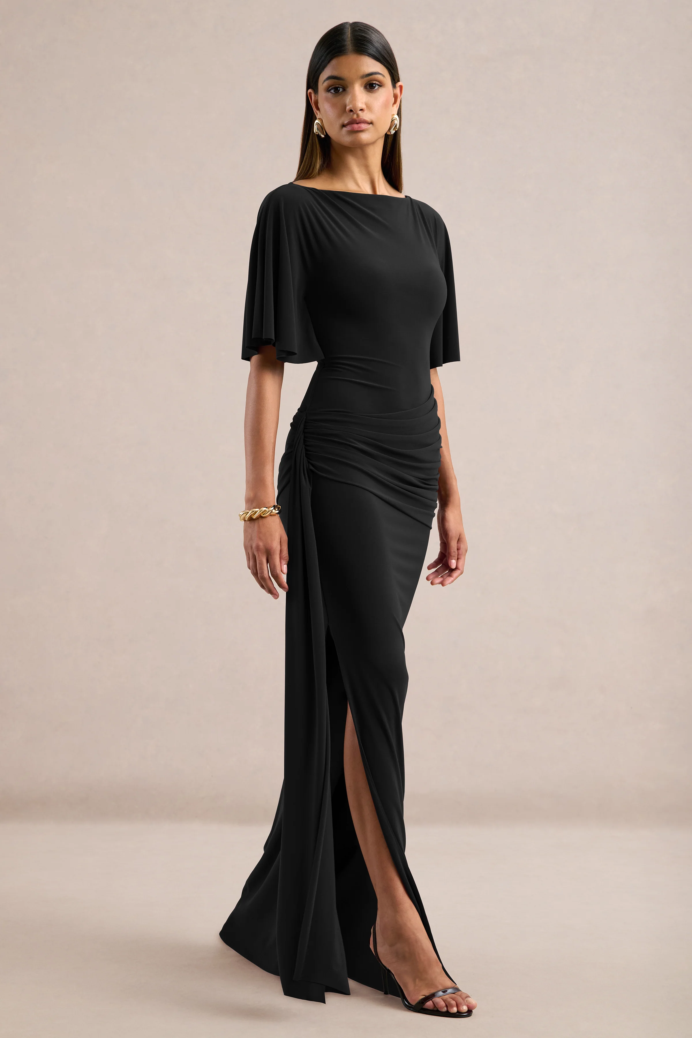 Emerelle | Black Jersey Ruched Boat Neck Short Sleeve Maxi Dress With Sash And Split