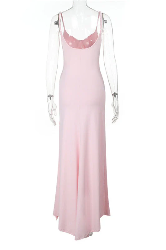 Spaghetti Straps Pink Frill Slit Dress