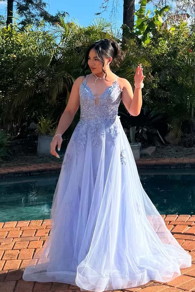 Blue V Neck Appliques Long Formal Dress