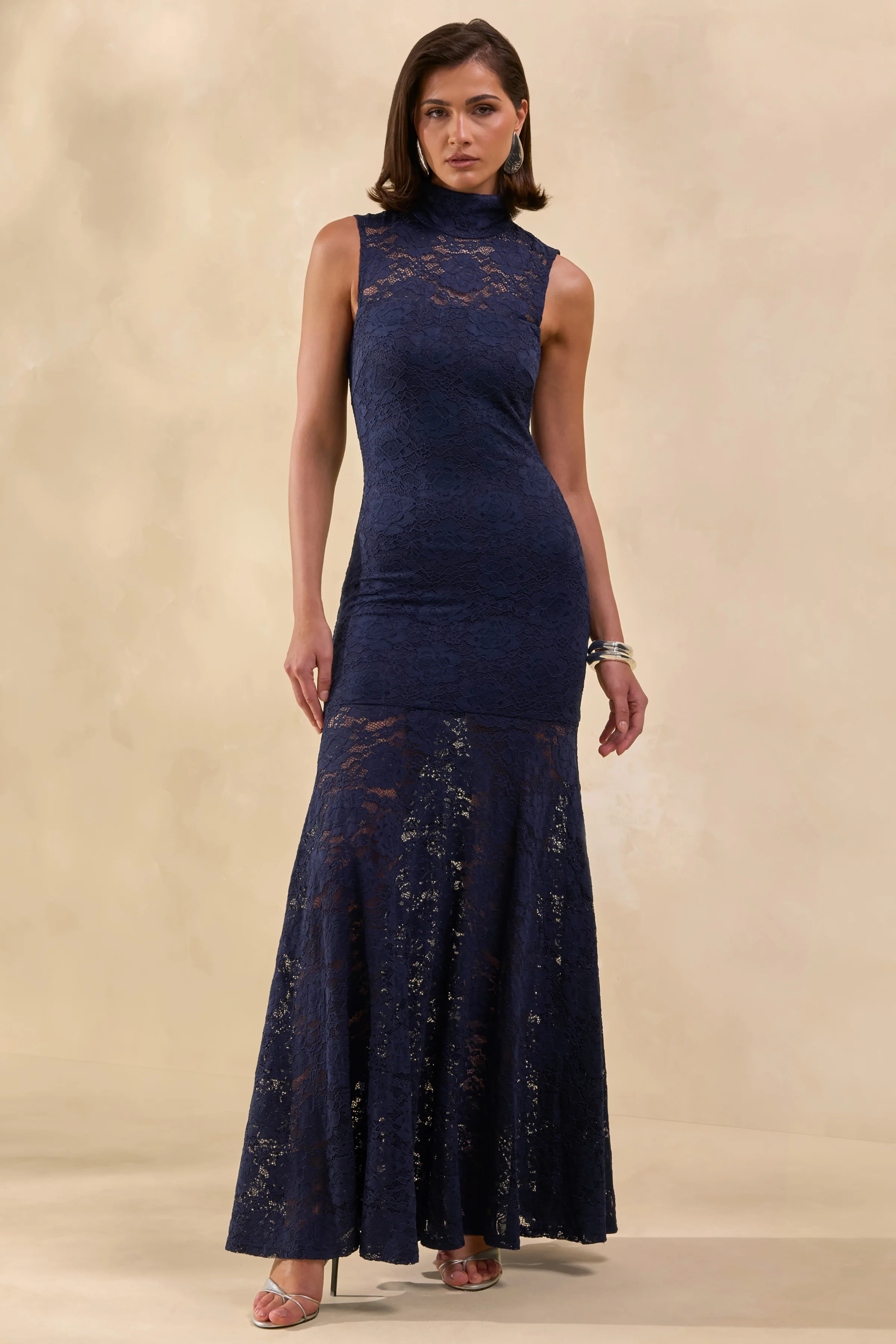 Esalyn | Navy Lace High-Neck Maxi Dress With Sheer-Skirt