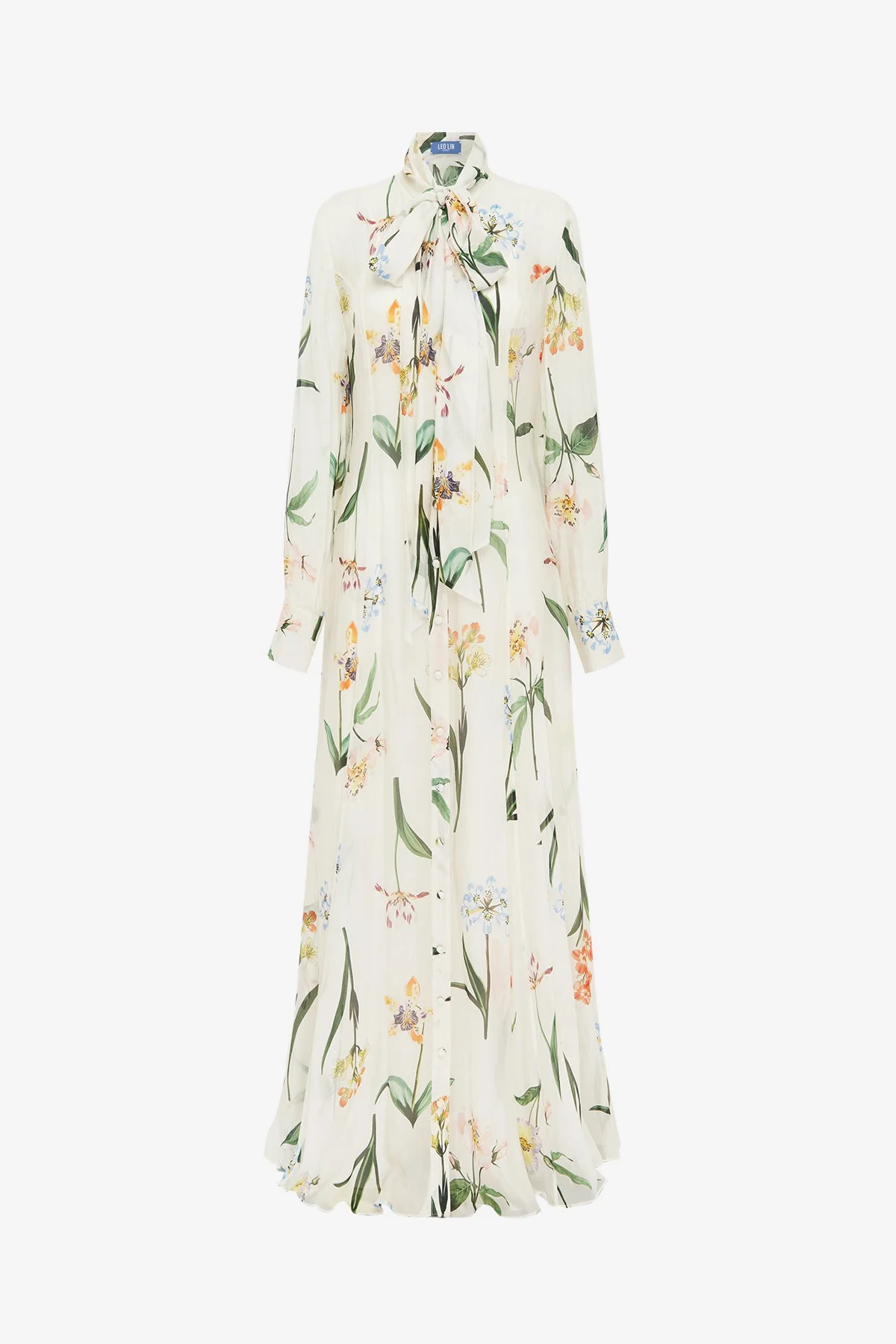 Lilith Tie Neck Maxi Dress - Botanical Print in Snow