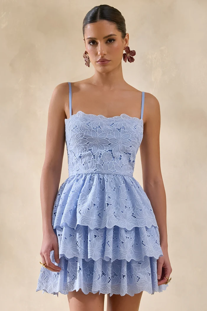 Powder Blue Lace Square-Neck Mini Dress With Ruffled Detailing