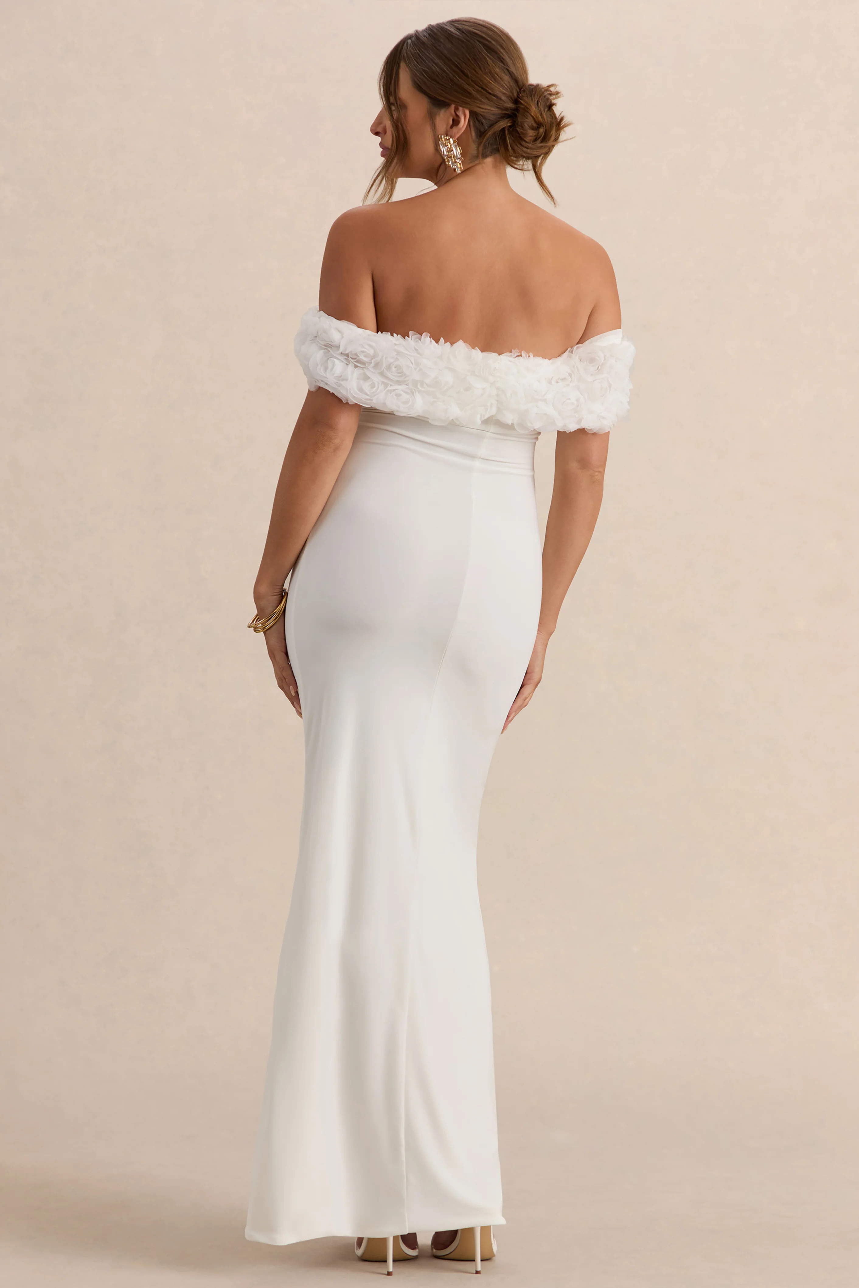 Inflorescence | White Mesh Floral Bardot Maternity Maxi Dress