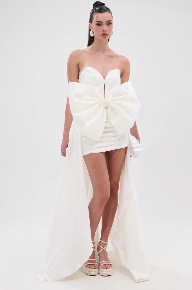 She Is The Moment Mini Dress With Train In White