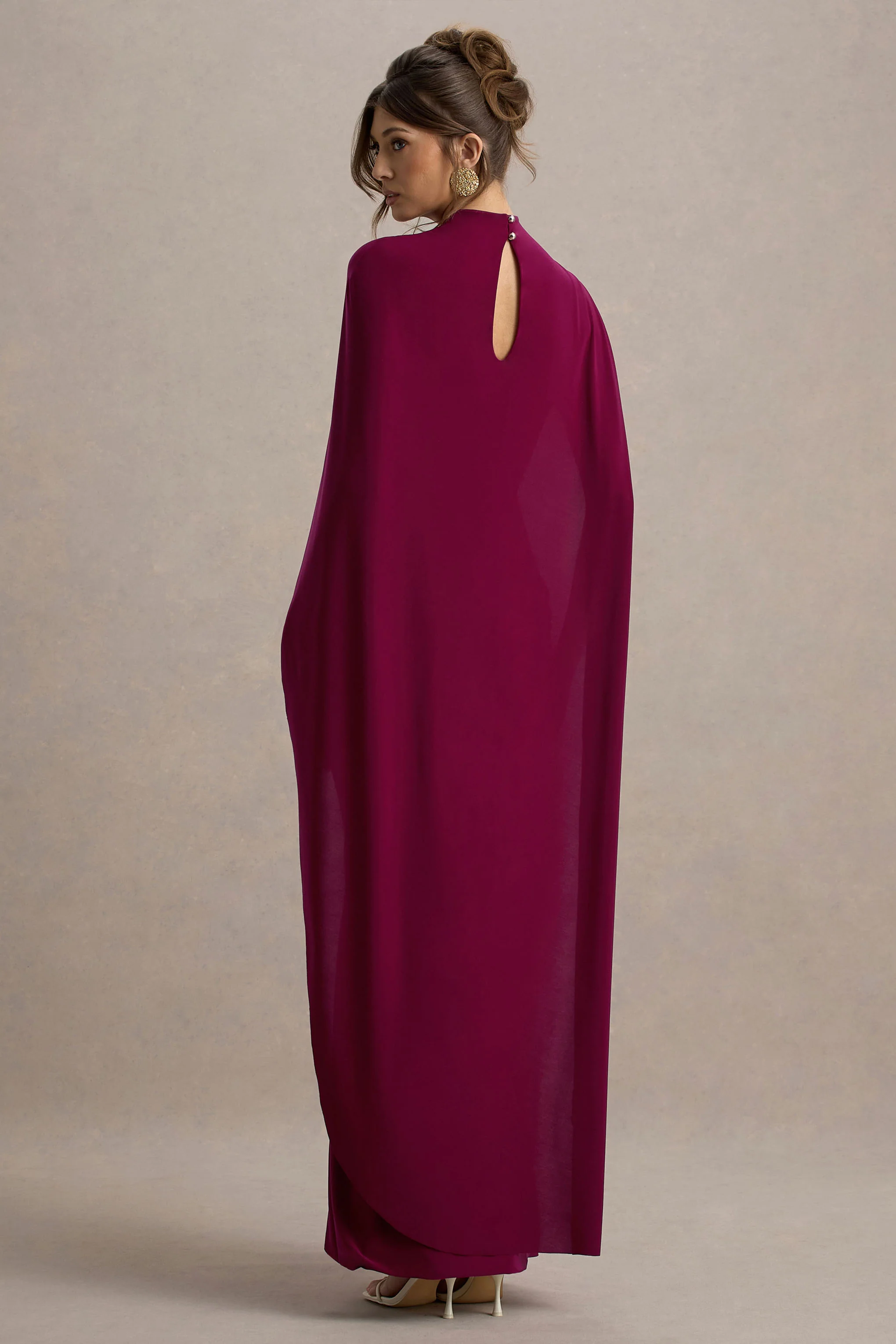 Maeve | Burgundy Cape-Sleeve Draped Maxi Dress