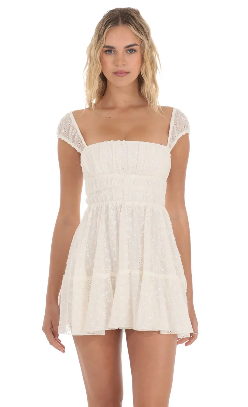 Chiffon Eyelet Cap Sleeve Dress in Cream