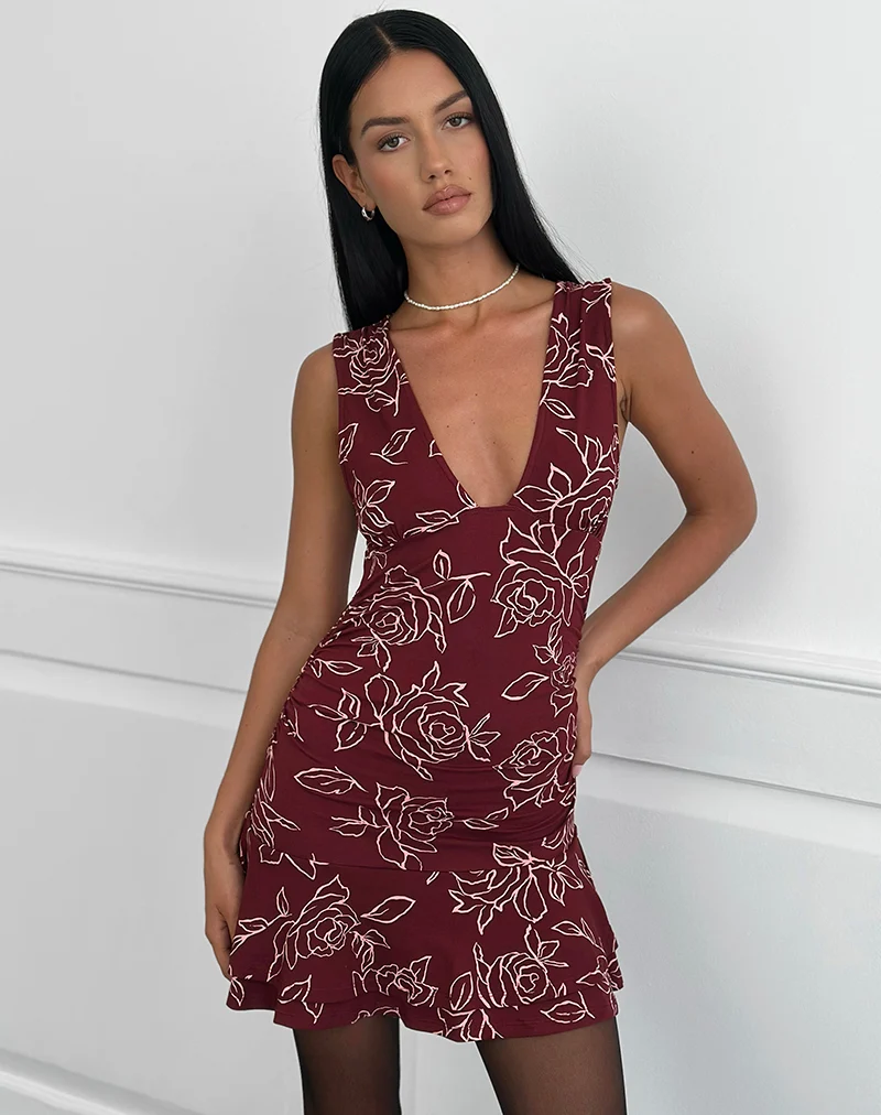 Lanai Mini Dress in Outline Rose Maroon