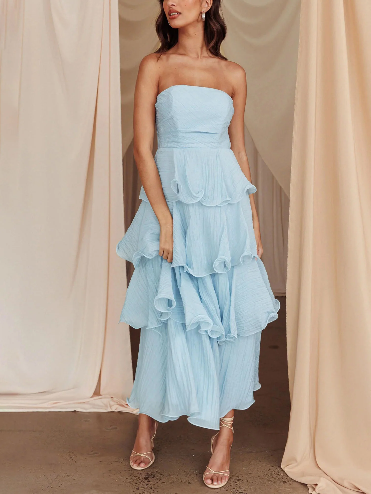 Light Blue Strapless Tiered Midi Dress