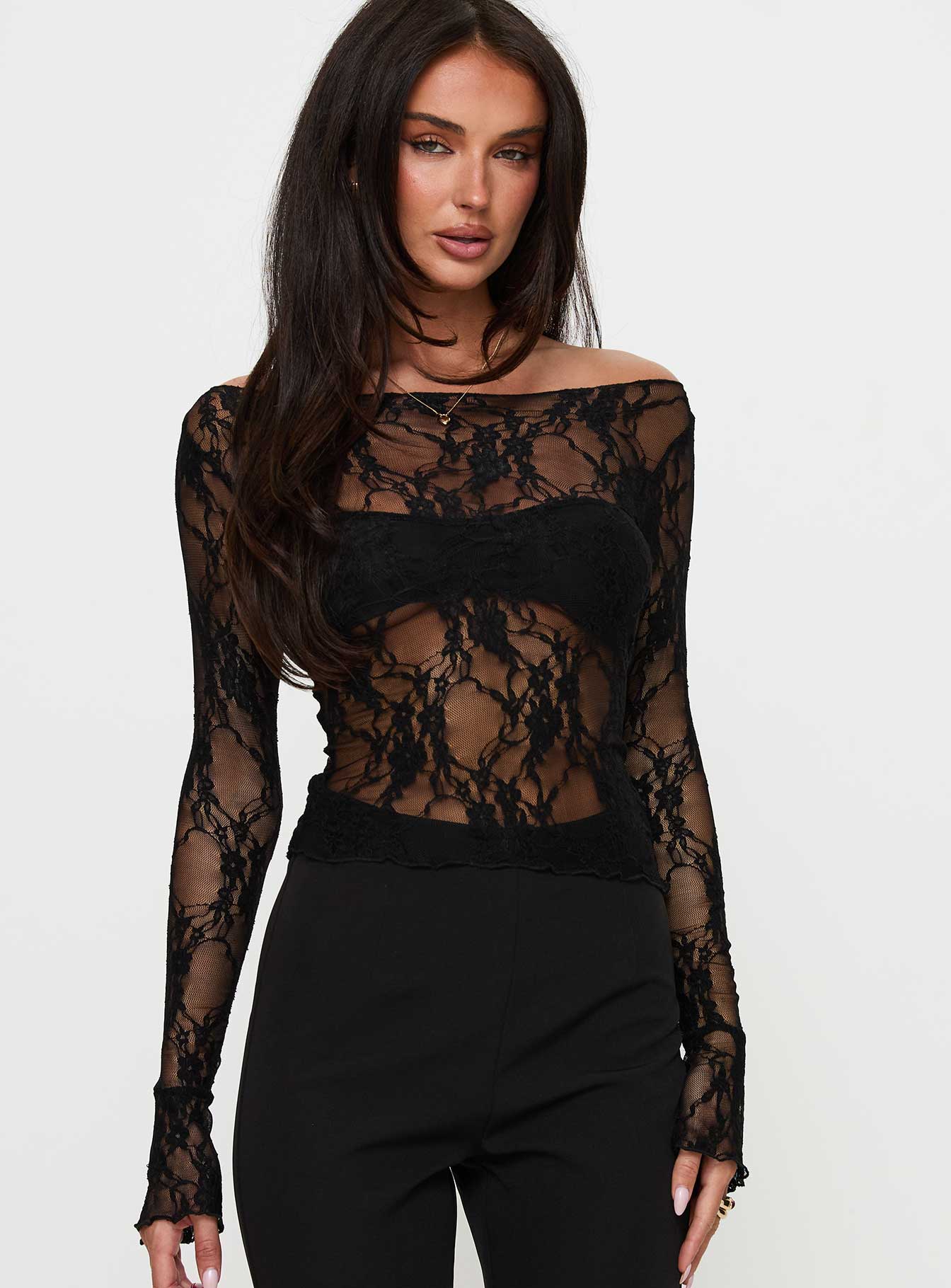 Junah Sheer Lace Long Sleeve Top Black