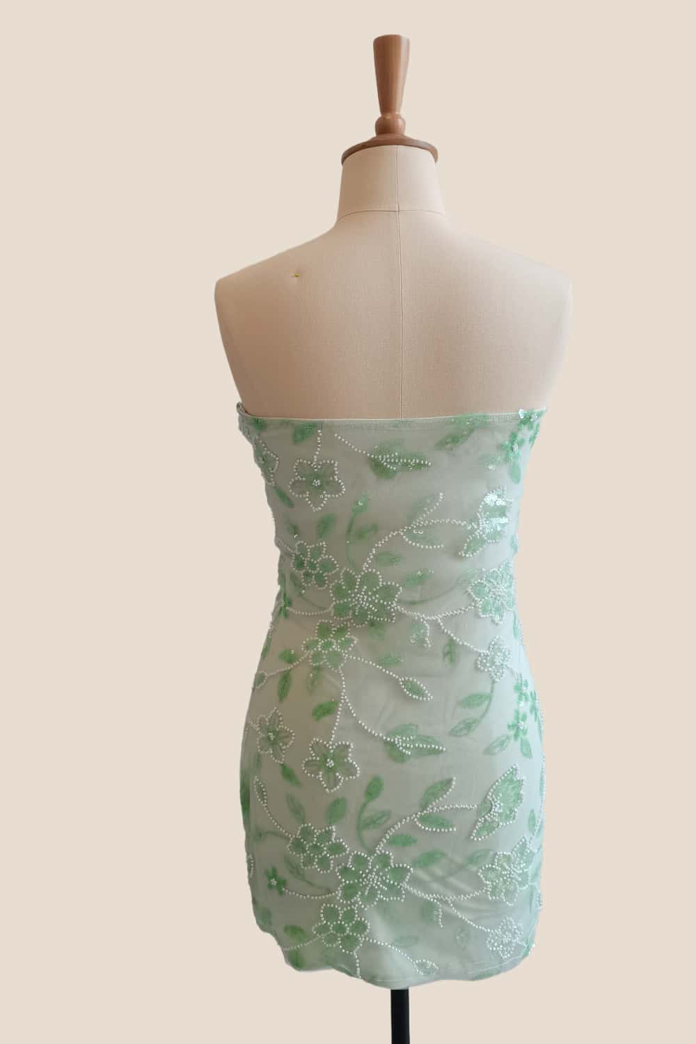 Strapless Sage Beaded Flowers Tight Short Dress