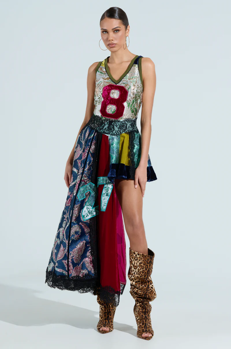 Cleat Chaser Layered Jersey High Low Dress In Brocade