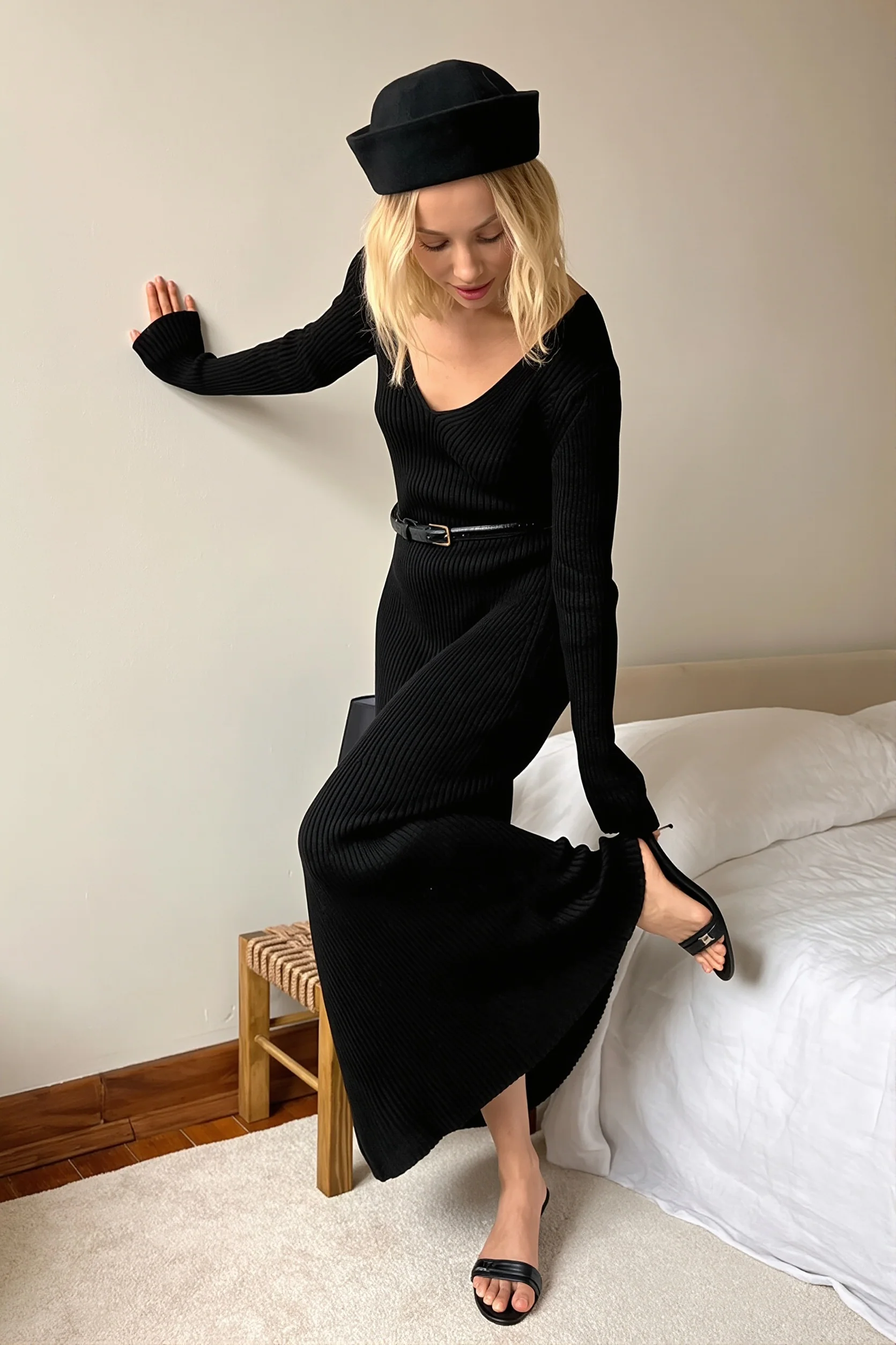 Solid Knit V-Neck Bodycon Maxi Dress
