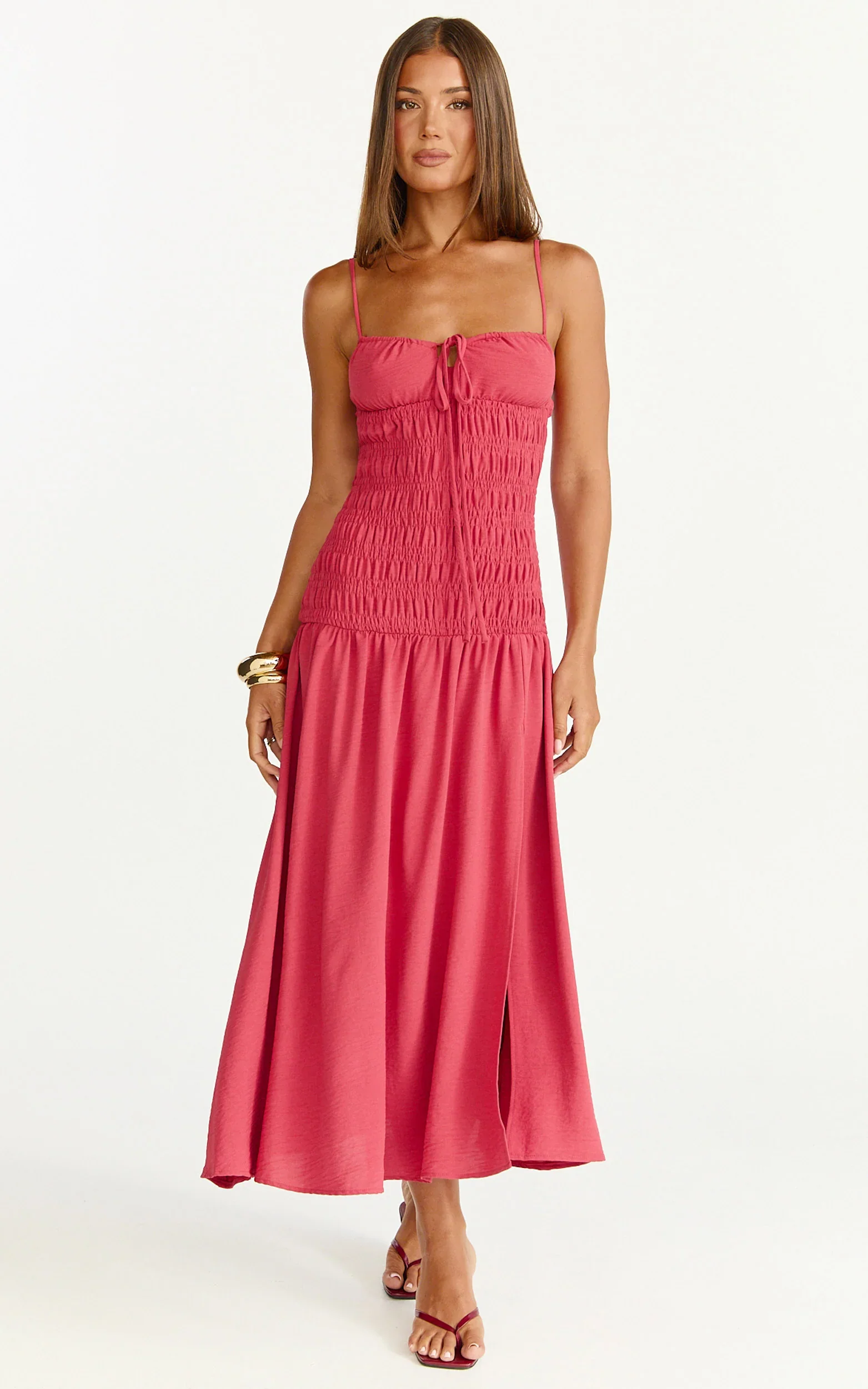 Eloise Midi Dress - Shirred Bodice Split Leg A Line Dress in Rose
