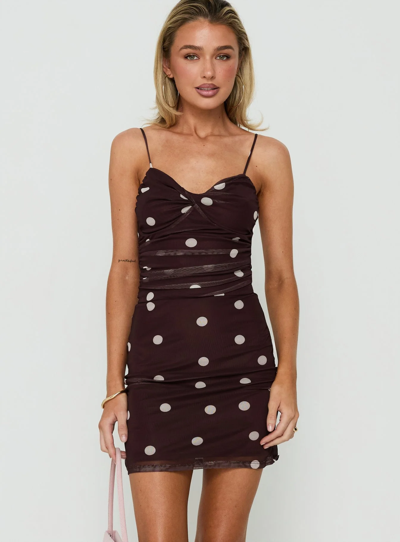 Edesia Ruched Mini Dress Chocolate Polka Dot