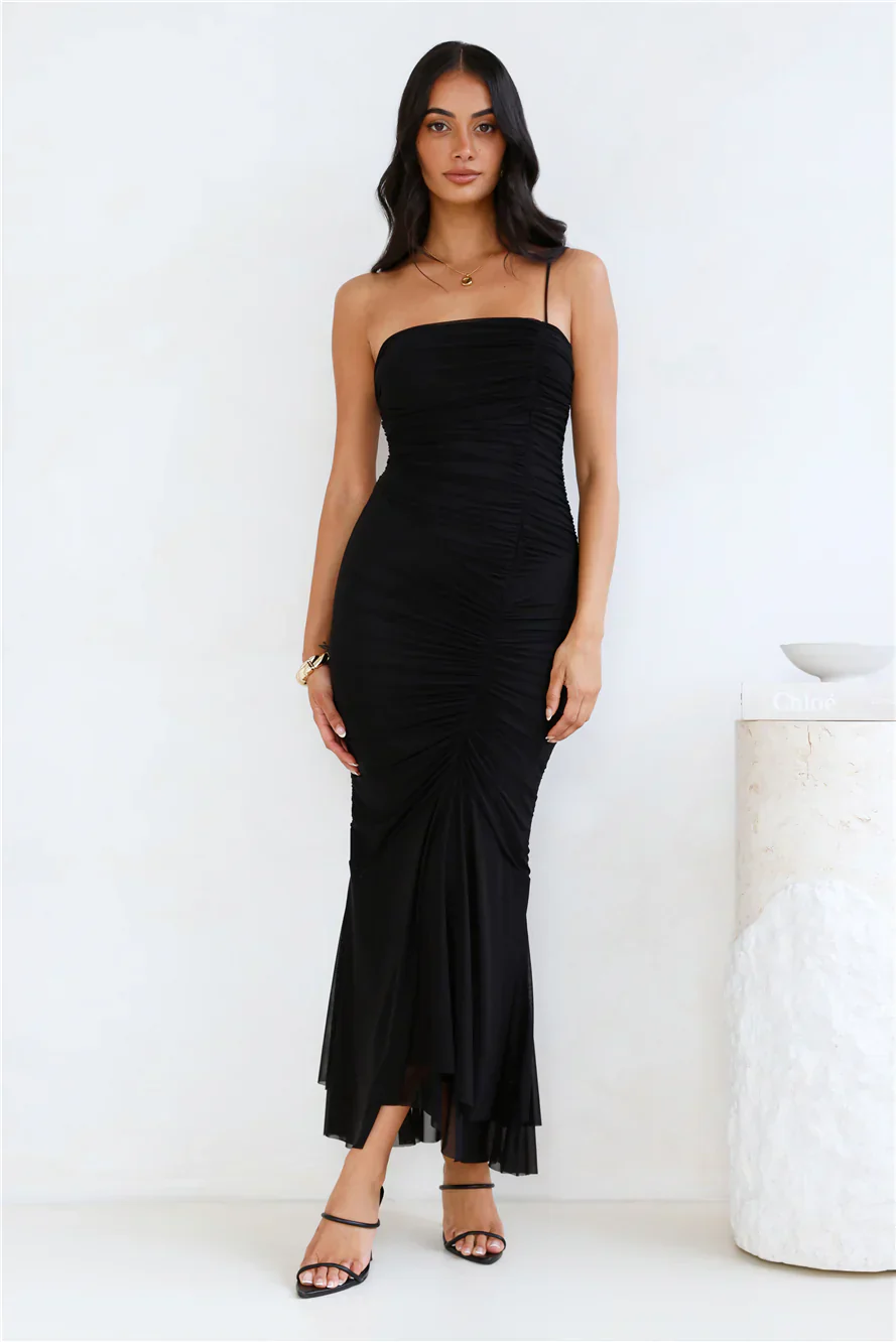 Style Night One Shoulder Mesh Midi Dress Black