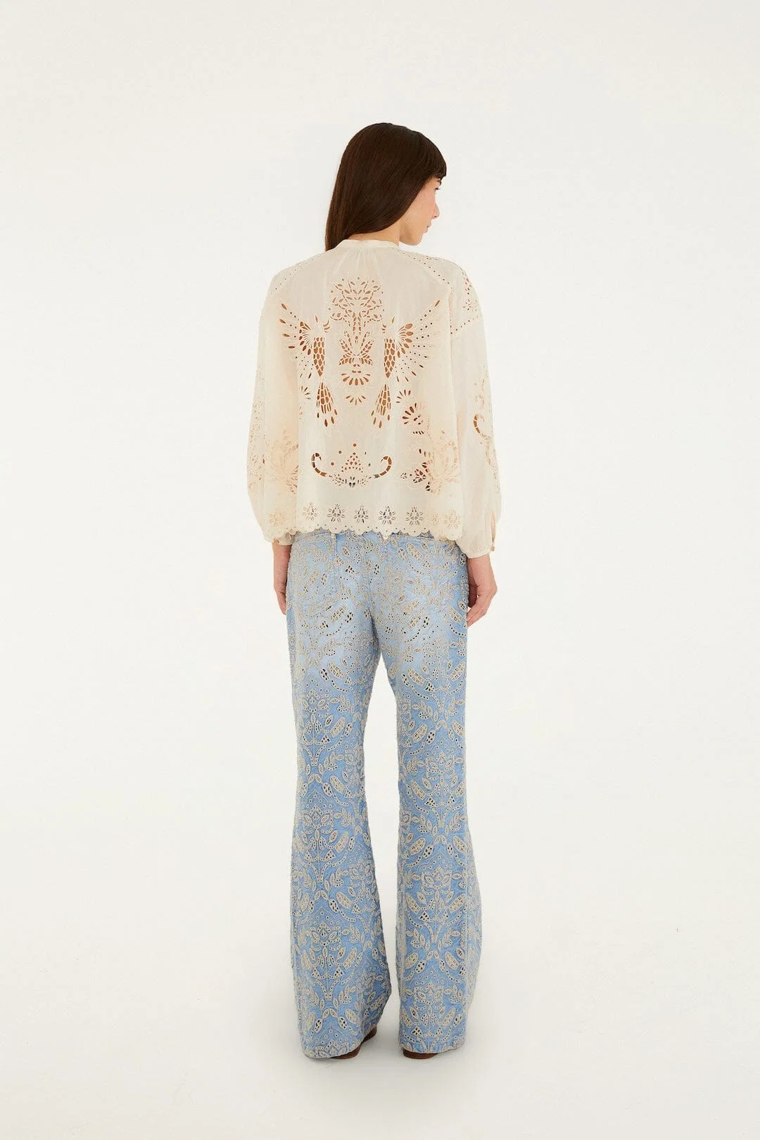 Denim Eyelet Pockets Flare Pants