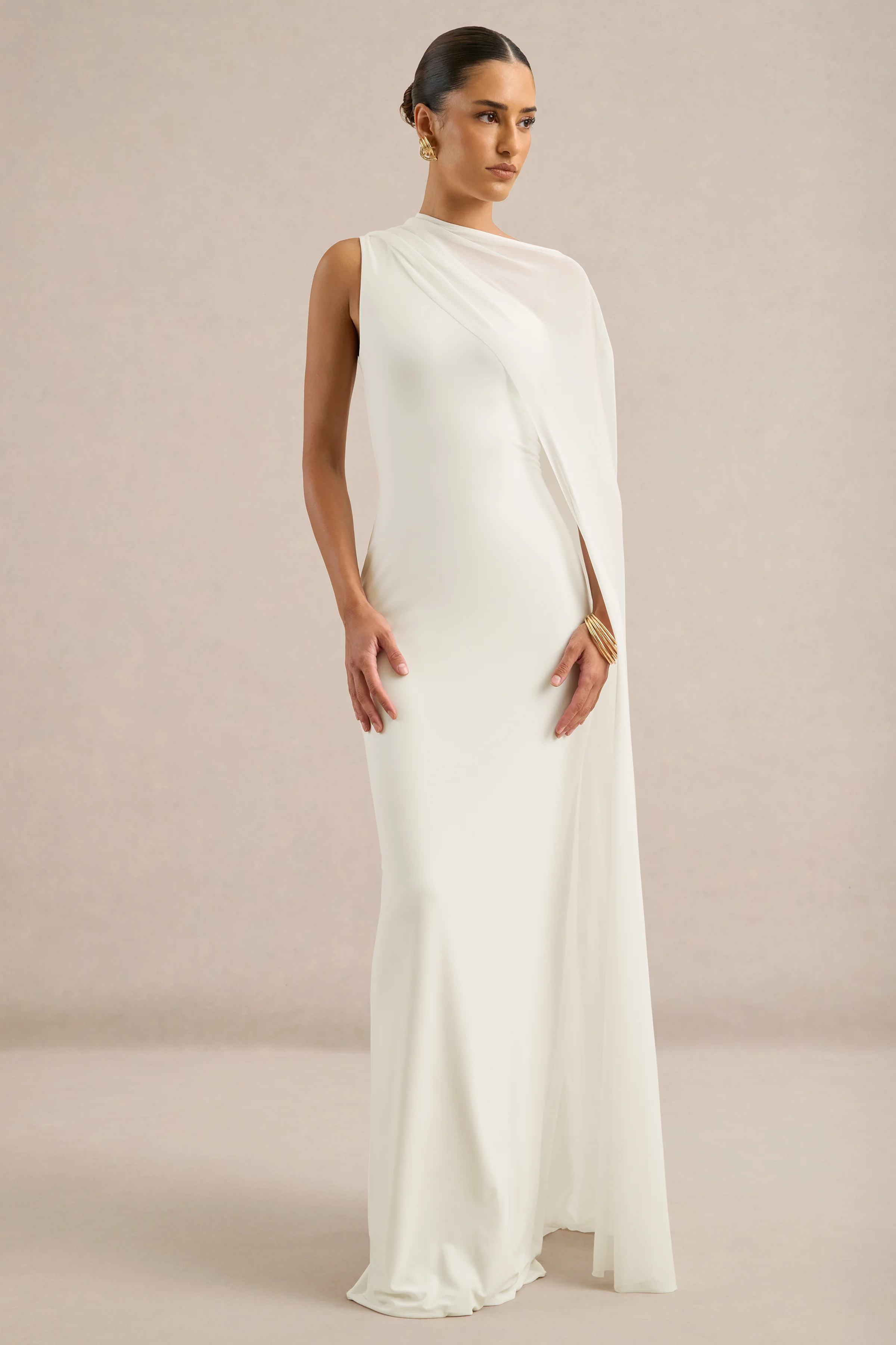 Mirelle | White Jersey Boat Neck Maxi Dress With Mesh Cape And Back Split