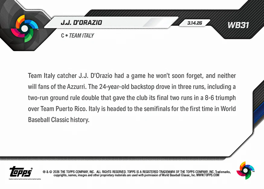 J.J. D'Orazio - 2026 World Baseball Classic Topps NOW® - Card 31 - PR: 780