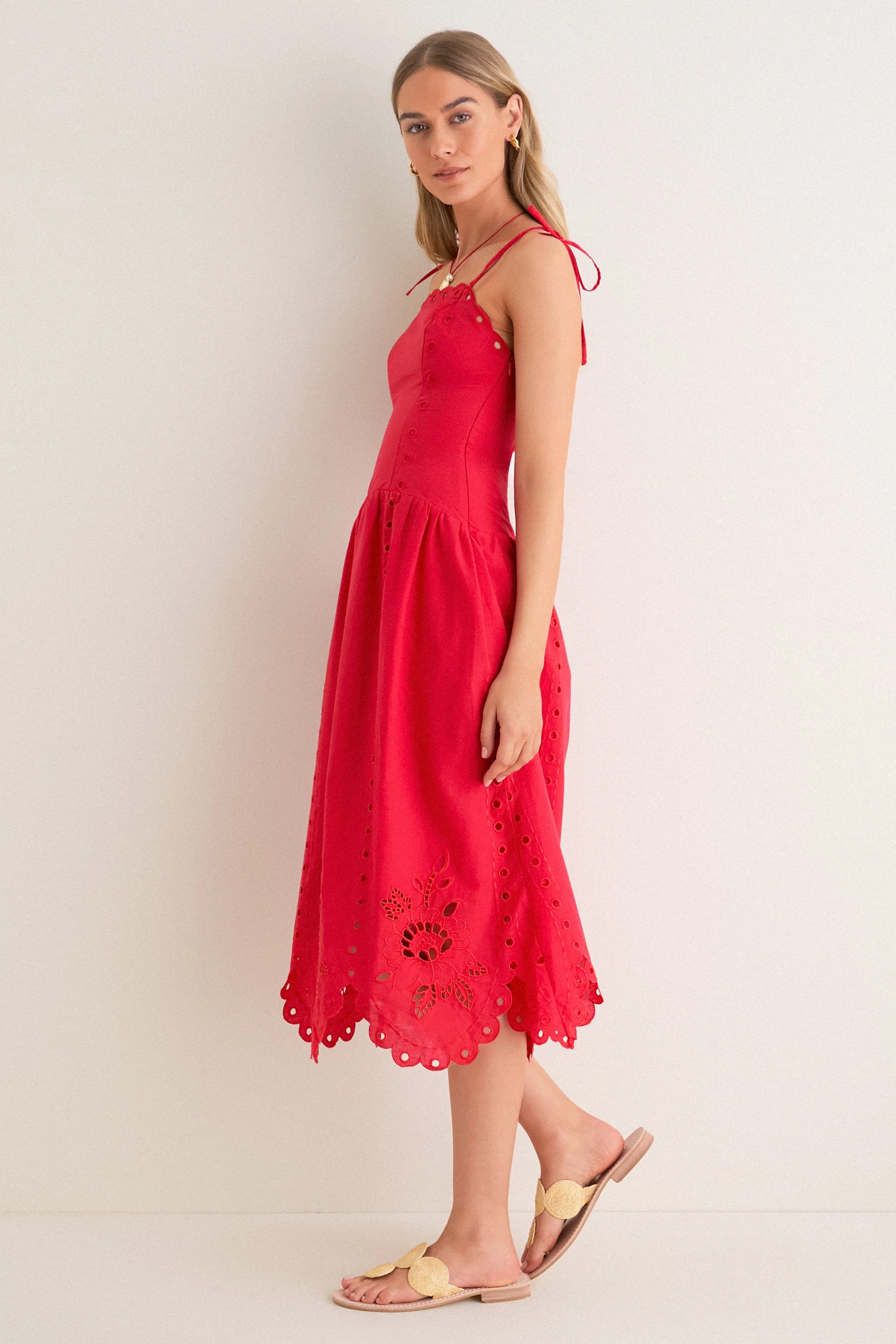 Red Eyelet Detail Midi Dress
