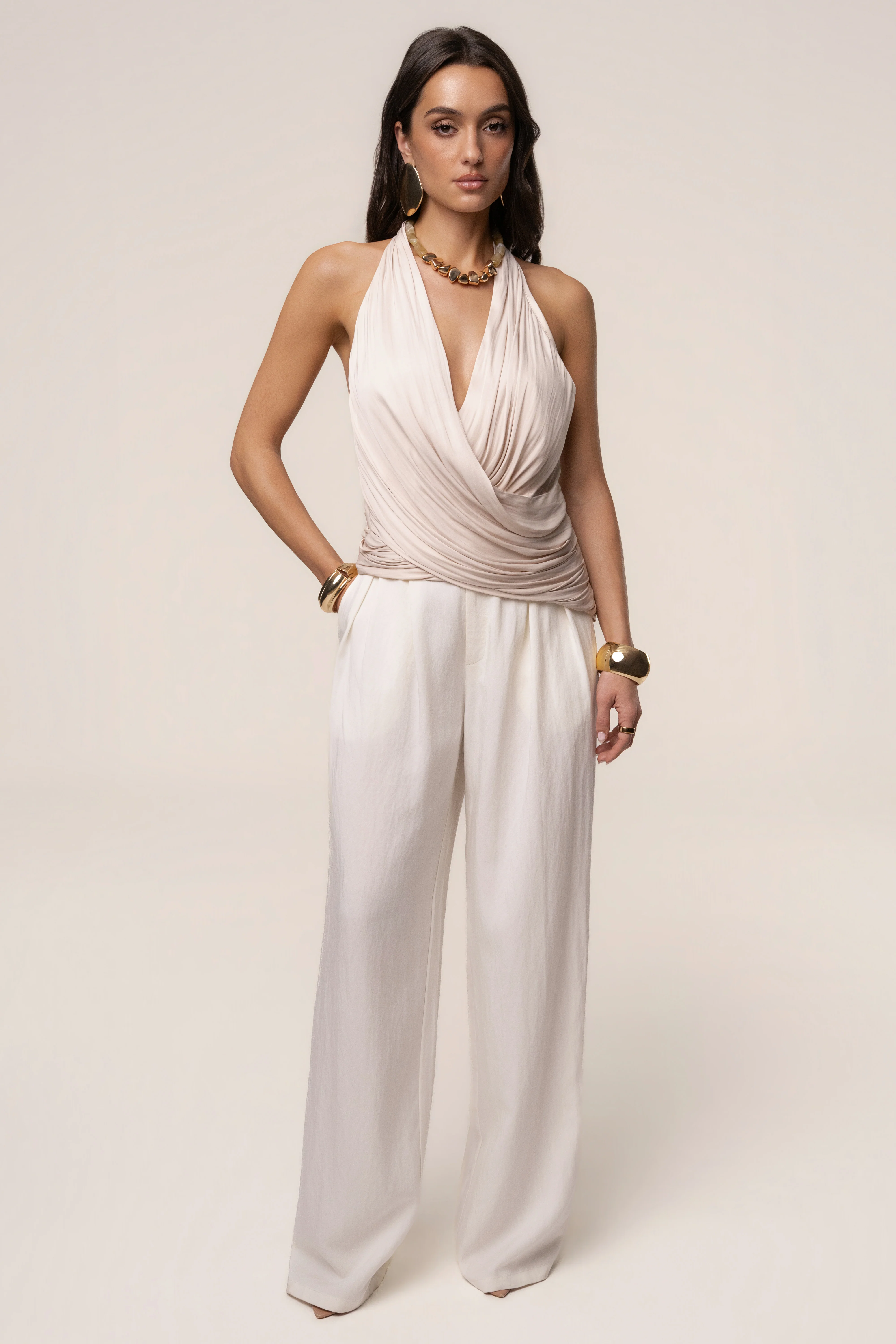 Beige Villa Draped Halter Top