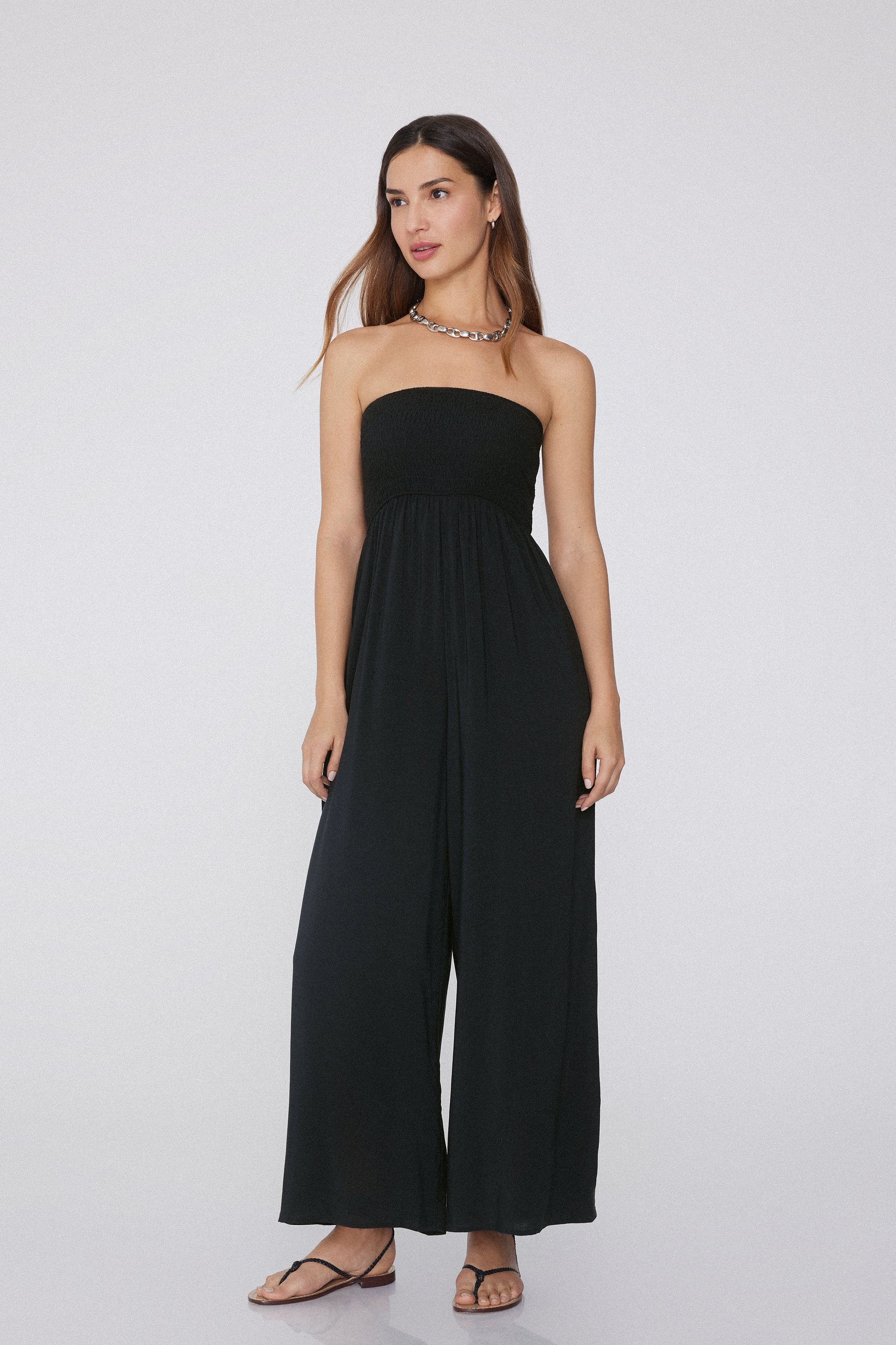 Long Viscose Smocked Bandeau Jumpsuit