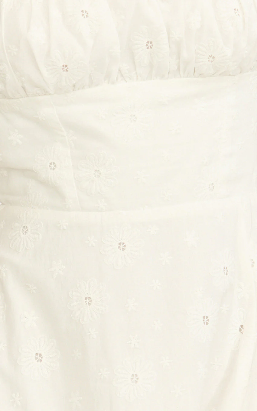 Lyra Midi Dress - Broderie Ruched Bust Halter Neck Dress in White