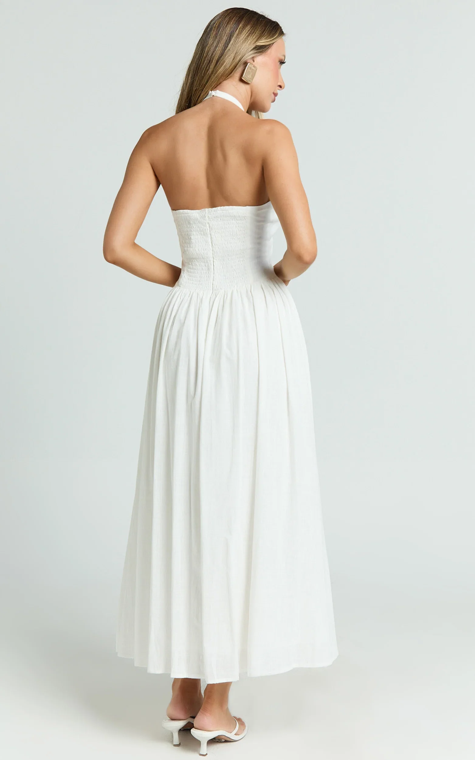Athena Midi Dress - Halter Drop Waist Dress in White
