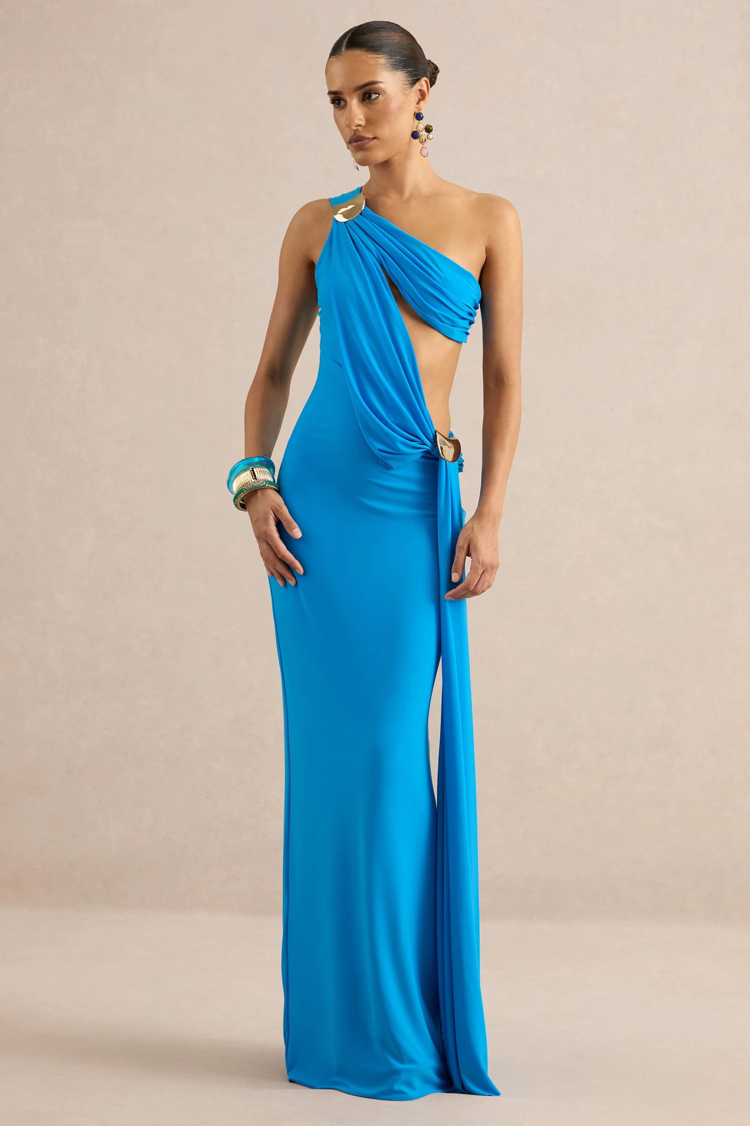 Maelys | Blue Asymmetric-Neck Maxi Dress With Body Cut-Outs And Gold Detailing