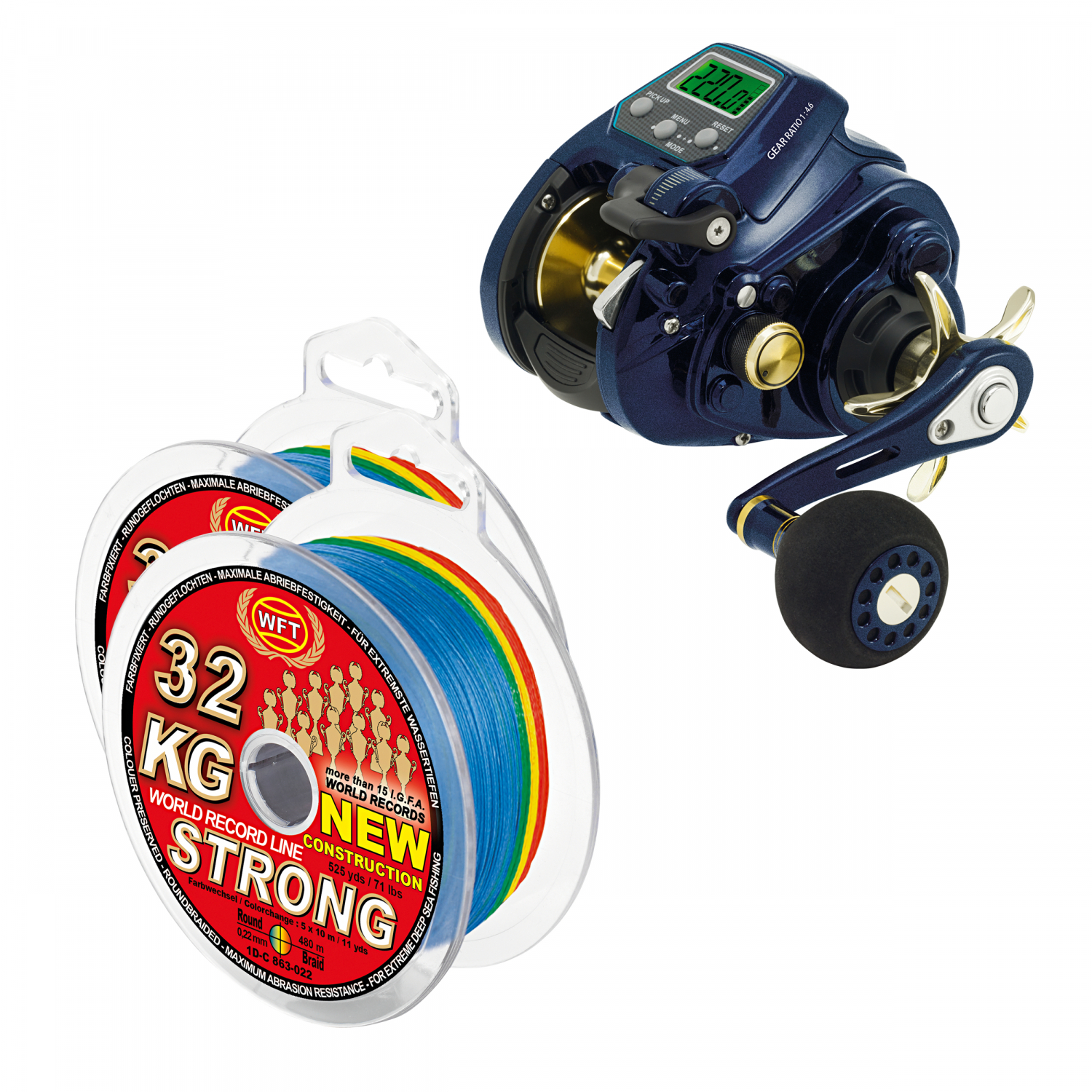 WFT Set: Electric reel Sea King 800 PR HP + 2x line KG Strong Exact