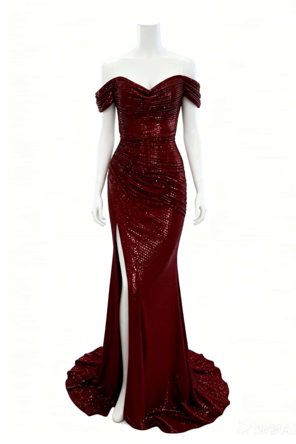 Off the Shoulder Burgundy Sequin Fitted Slit Dress