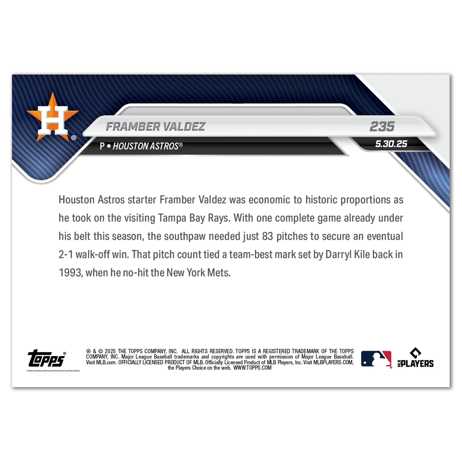 Framber Valdez - 2025 MLB Topps NOW® - Card 235