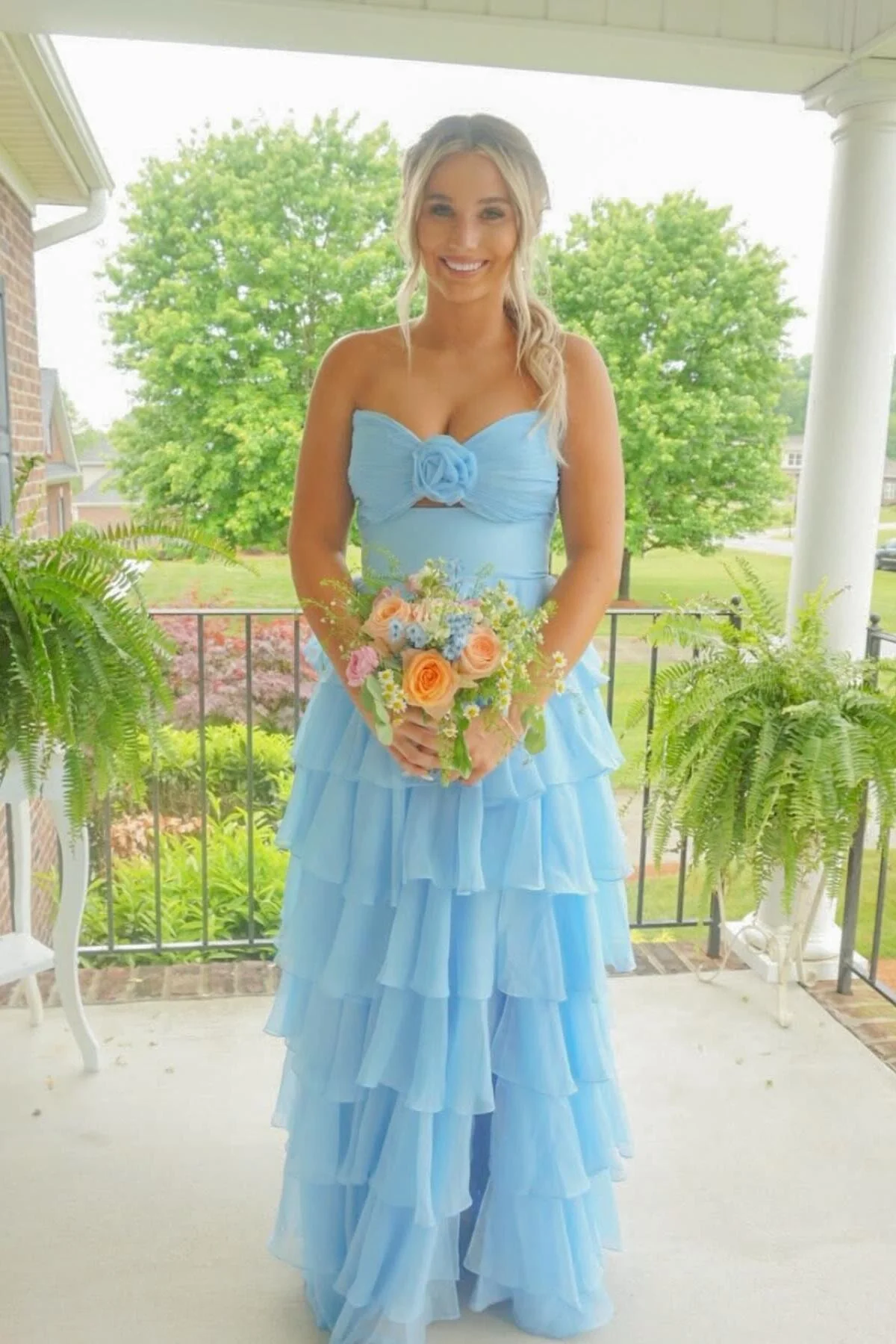 Strapless Light Pink Rosette Tiered Long Dress