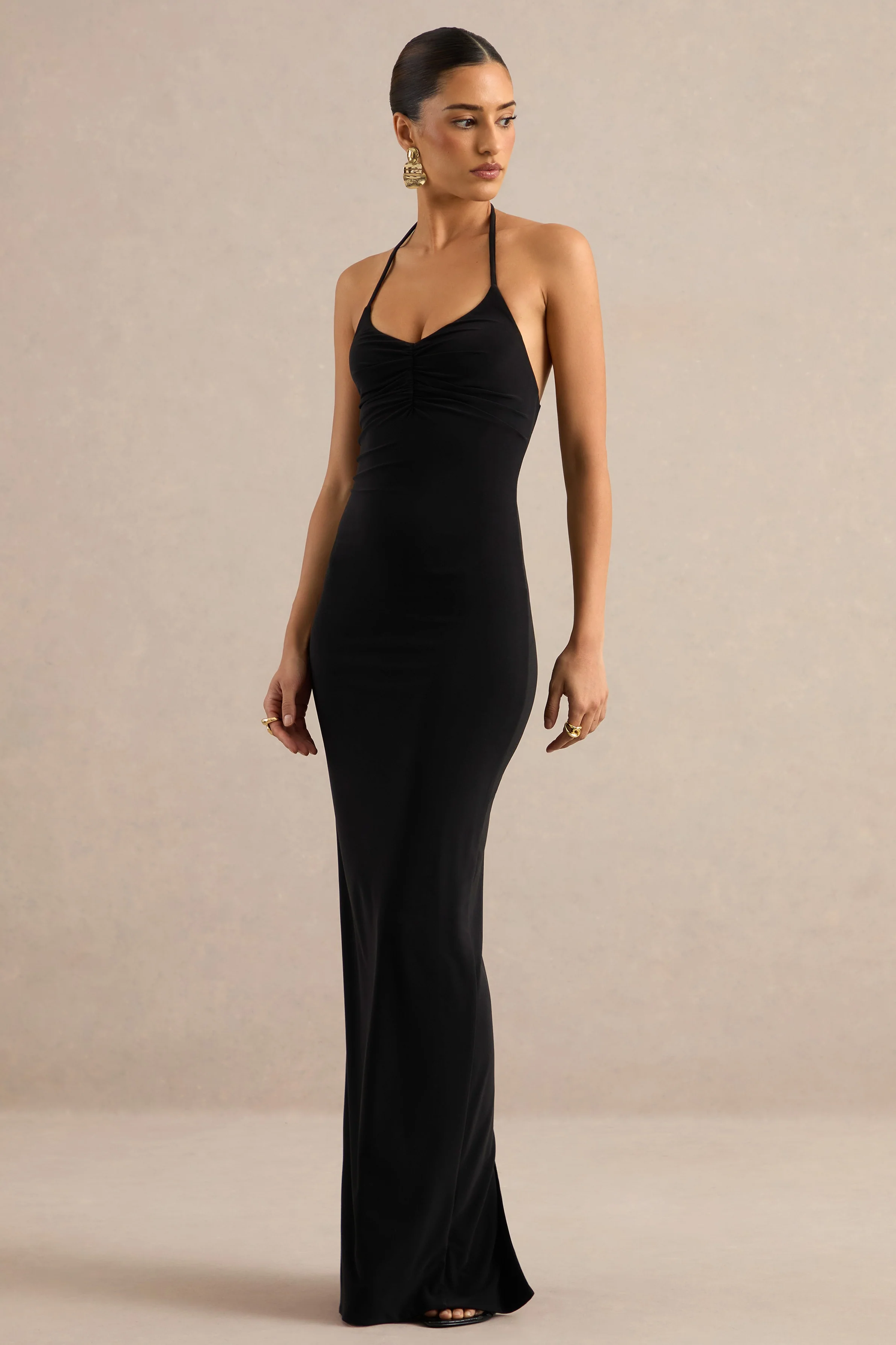 Lailah | Black Jersey Halter Maxi Dress With Tie Back Detail
