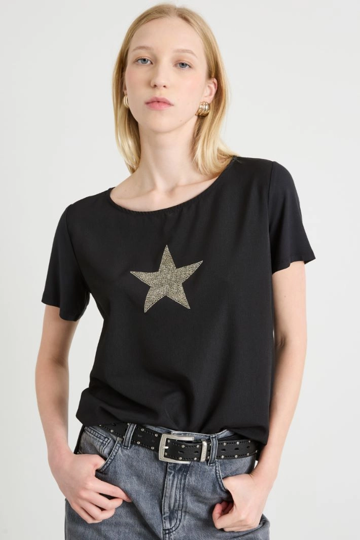 Bi-material T-shirt with rhinestones - BLACK